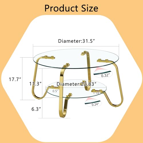 Glass Round Coffee Table with Storage, Modern 2-Tier Circle Coffee Tables for Living Room, 31.5" Gold Coffee Table with Glass Shelft and Metal Legs for Bedroom,Home Office