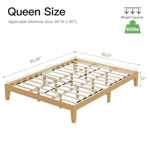 COLAMY 12 Inch Queen Size Platform Bed Frame,Sturdy Wood Bed Frame with Wood Slat Support, No Box Spring Needed, Easy Assembly(Rustic Pine)
