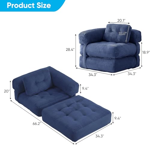 Mjkone 34" W Folding Sofa Bed, Convertible Sleeper Chair with Cushion Foldable Mattress with Armrest, Portable Fold Out Chair Comfy Floor Sofa Lounge for Living Room Bedroom Office, Navy Blue