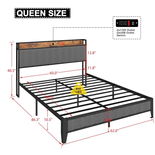 Bed Frame with Charging Station, Upholstered Headboard, Metal Platform, Grey Bed Frame