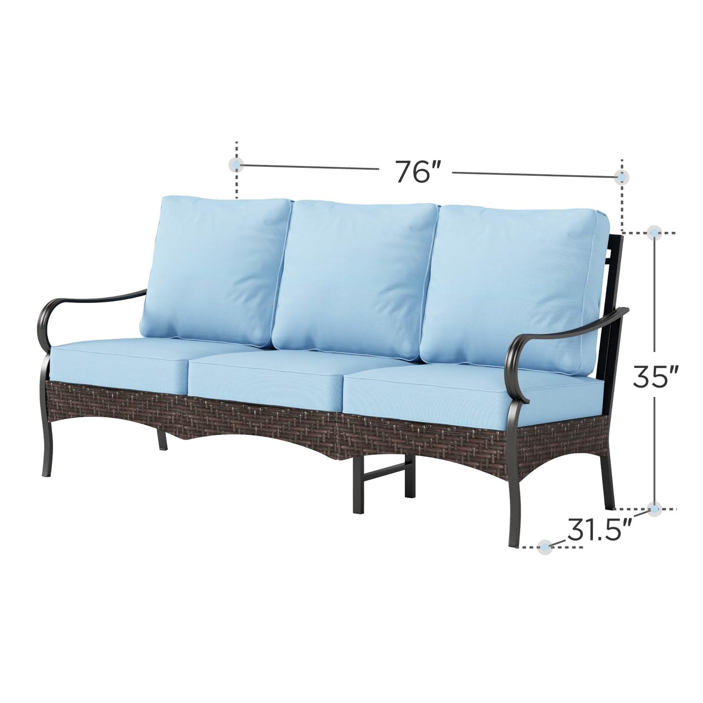 PHI VILLA Wicker & Metal Outdoor Patio Couch,3-Seat Patio Sofa with Deep Seating for Front Porch, Deck, Balcony, Backyard, Sunroom,Blue