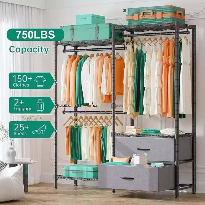 REIBII Heavy Duty Clothes Rack, Adjustable Clothing Racks for Hanging Clothes, Portable Closet with 2 Drawers 3 Hanging Rods Load 650lbs, Black, 15.9" D x 46.5" W x 70.9" H