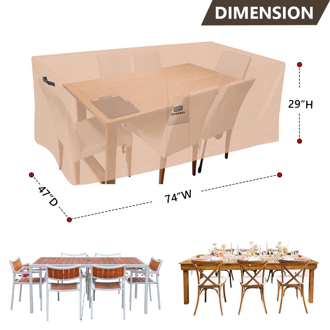 ONENESS Heavy Duty Square Rectangular Patio Table Cover - 74" W x 47" D x 29" H Waterproof Patio Furniture Cover, UV-Resistant Outdoor Dining Table Protector