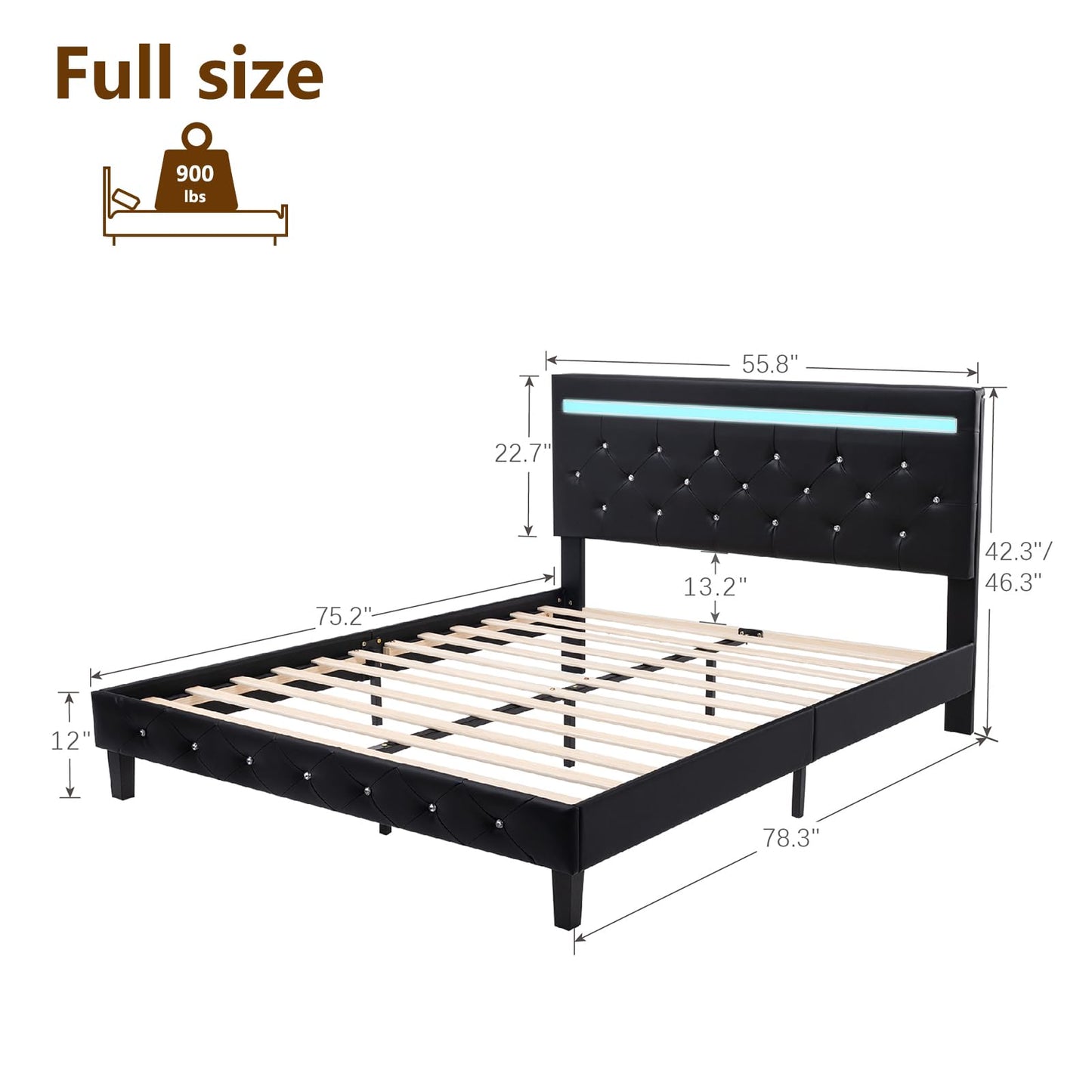 Benevika Full Size Bed Frame with LED Lights, Upholstered Platform Bed Frame with Adjustable Headboard and Charging Station, Wooden Slats Support, Easy Assembly, No Box Spring Needed, Black