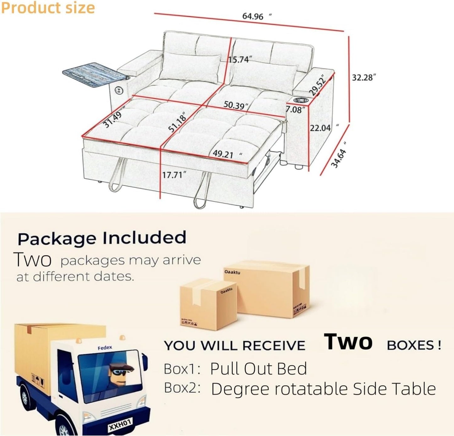 oaaktu Large Size Convertible Sleeper Sofa Bed,Polka dot Velvet Pull Out Futon Couch with Storage handrails & Rotating Side Tables,Convertible Sofa Couch for Living Room,RV (Dark Grey)