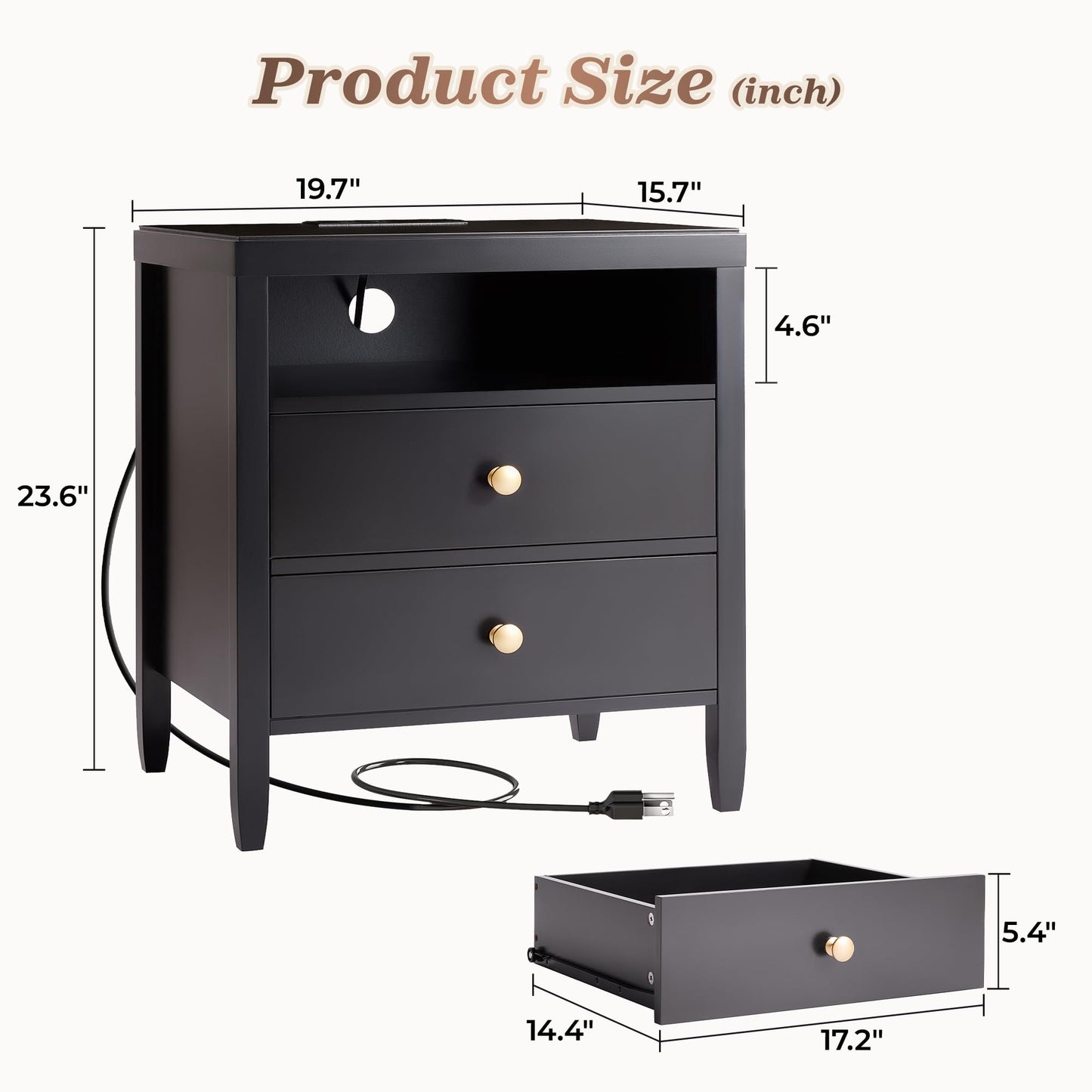 Huuger Black Nightstand Set of 2, Night Stand with Charger Station, Bedside Table with 2 Drawers, Bed Side Tables for Bedroom, Modern Nightstands, Metal Knobs, Painted Surface
