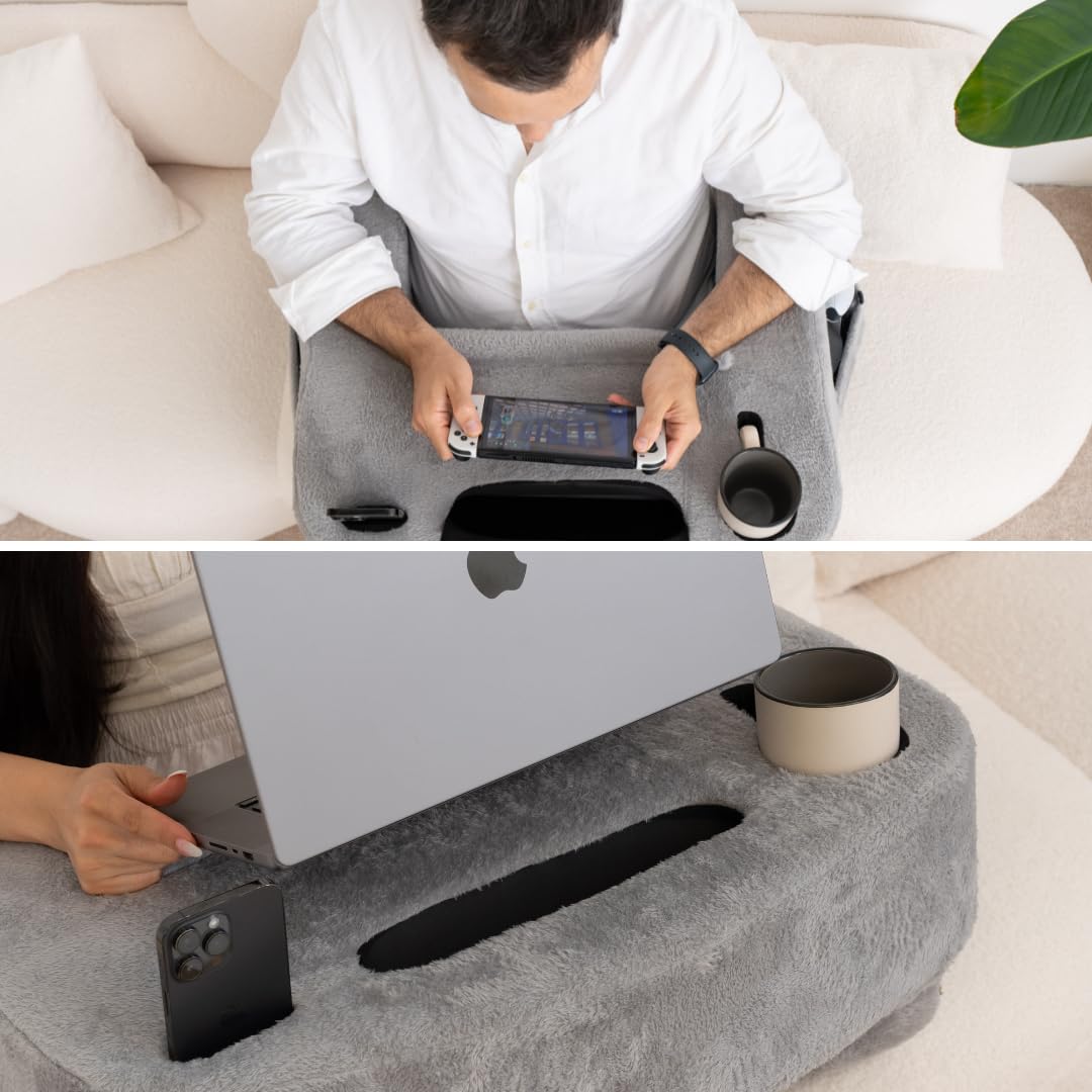 Reading Pillow for Gaming β Extra Large Lap Desk & Arm Rest with Cup & Phone Holder, Adjustable Heights, Laptop Support, Large Pockets β Comfortable for Work, Gaming & Crocheting (Furry Grey)