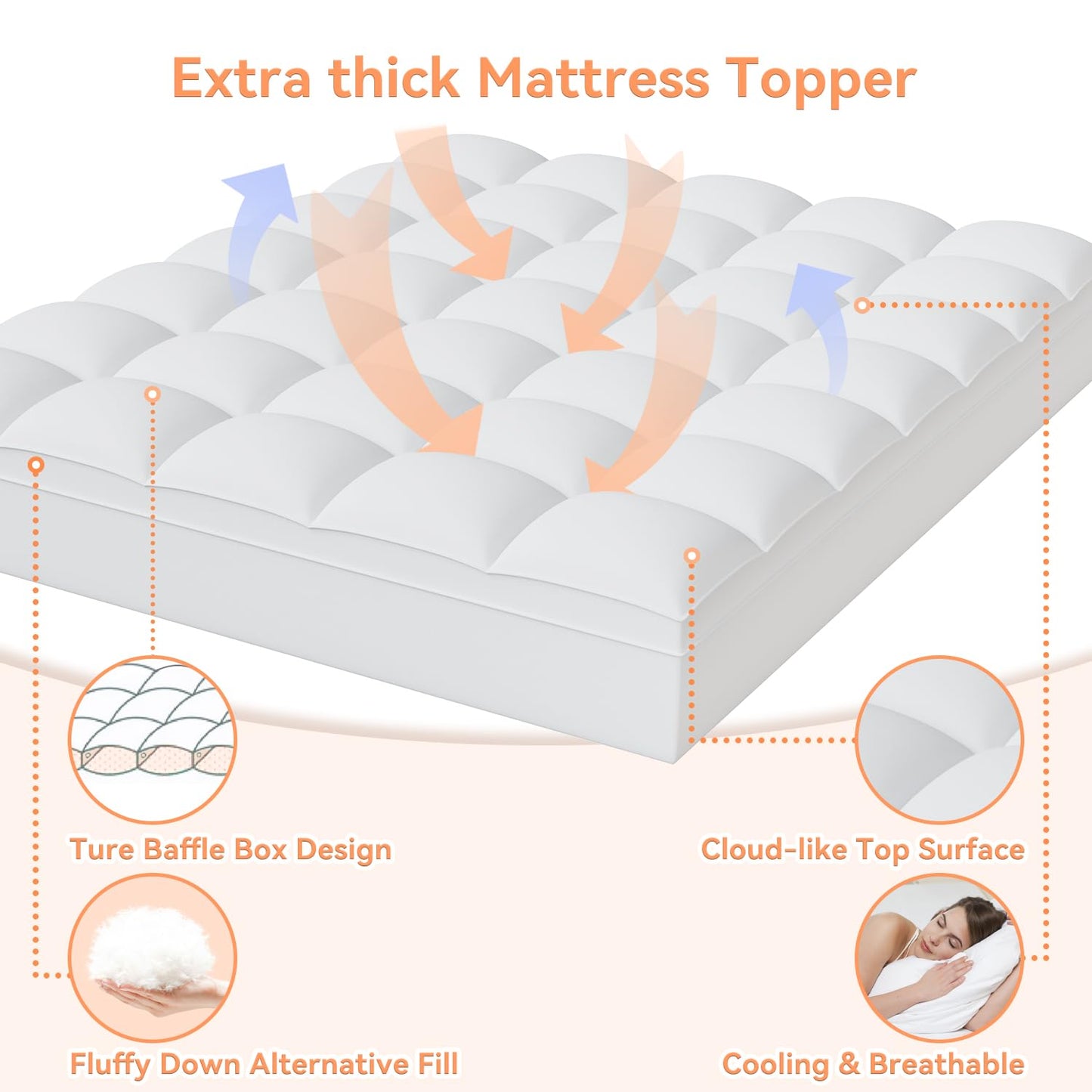 Topllen Twin Mattress Topper for Back Pain Relief, Extra Thick Pillow Top Plush Mattress Pad with Deep Pocket, Soft Pillowtop Twin Size Bed Toppers Filled Fluffy Down Alternative, White