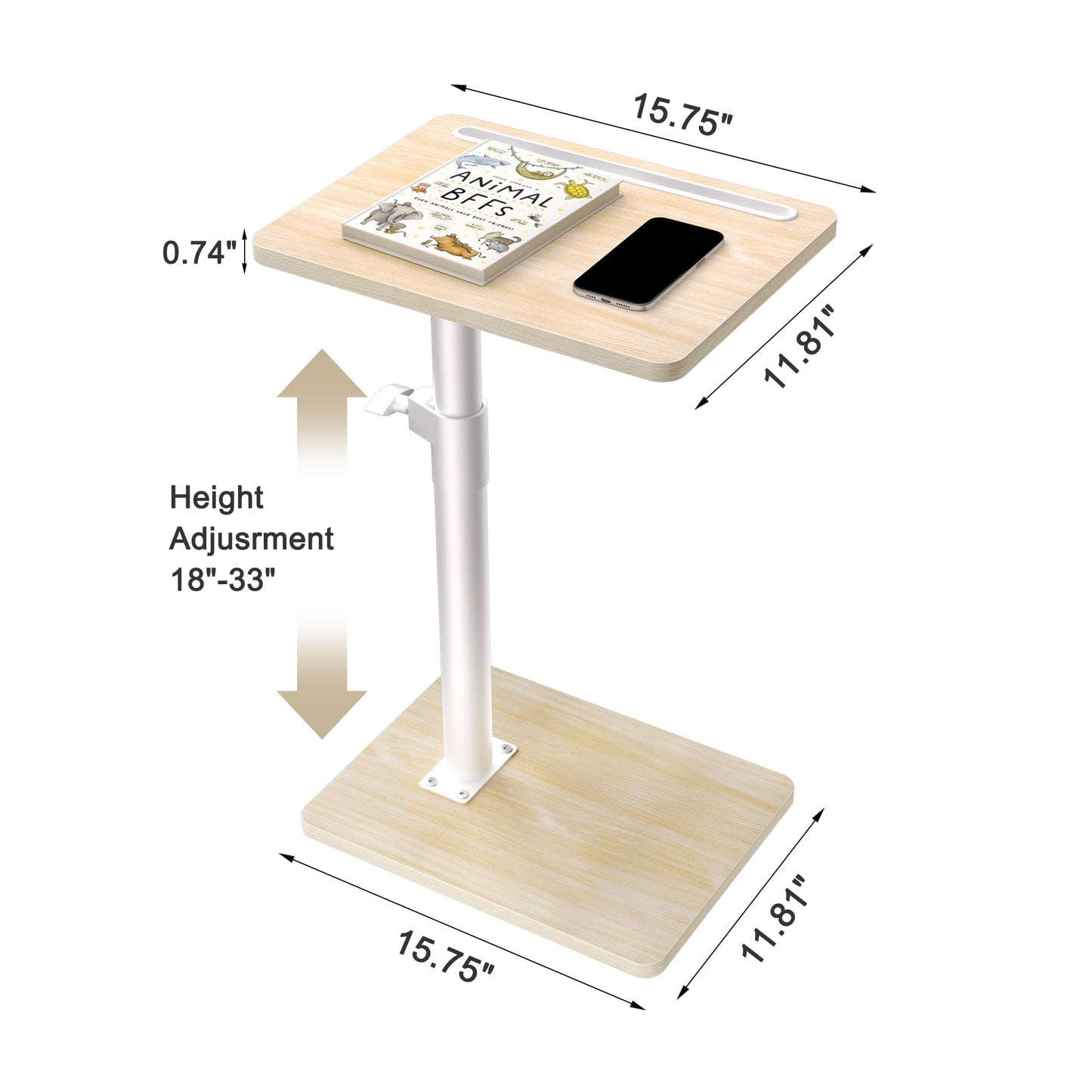 YUHFERA Sofa Armrest Tray Table for Couch - 360° Swivel Height Adjustable End for Small Spaces, Snack Side Table for Bed or Chair with Phone & Tablet Slot (Oak,Standard)