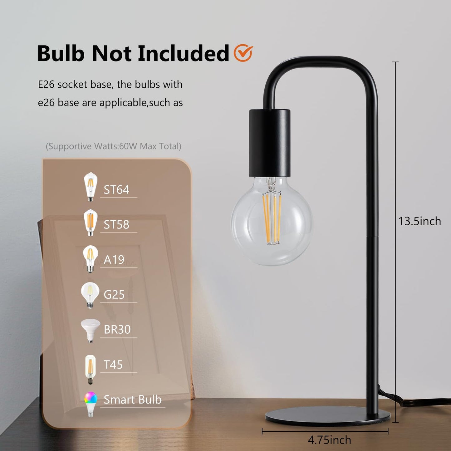 Iporovon Industrial Table Lamp for Bedroom, Bed Side Table Lamps for Nightstand with Wire Switch, E26 Socket Base, Modern Nightstand Lamp for Living Room, Reading, Office, Bulb Not Included