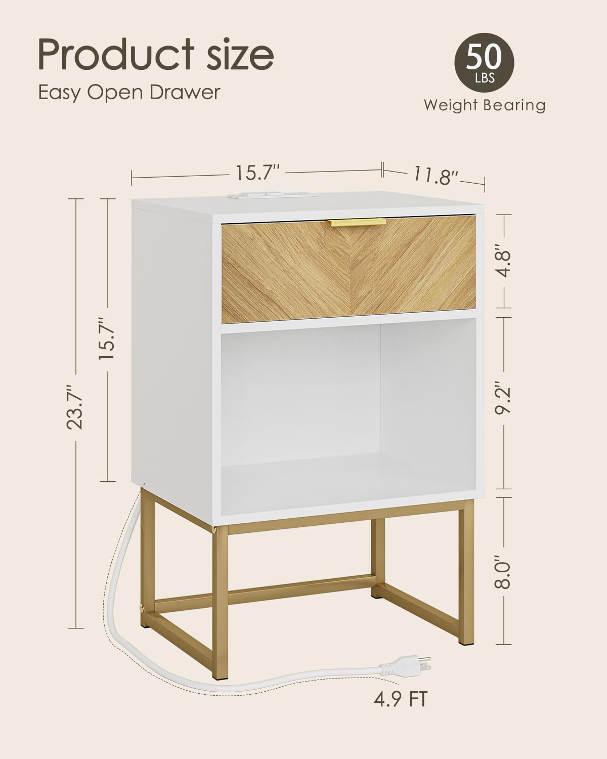 Acodaiuy Nightstand with Charging Station, Boho Night Stand with Drawer Wood Farmhouse Bedside Table with Storage, End Side Accent Table for Bedroom,Living Room,White