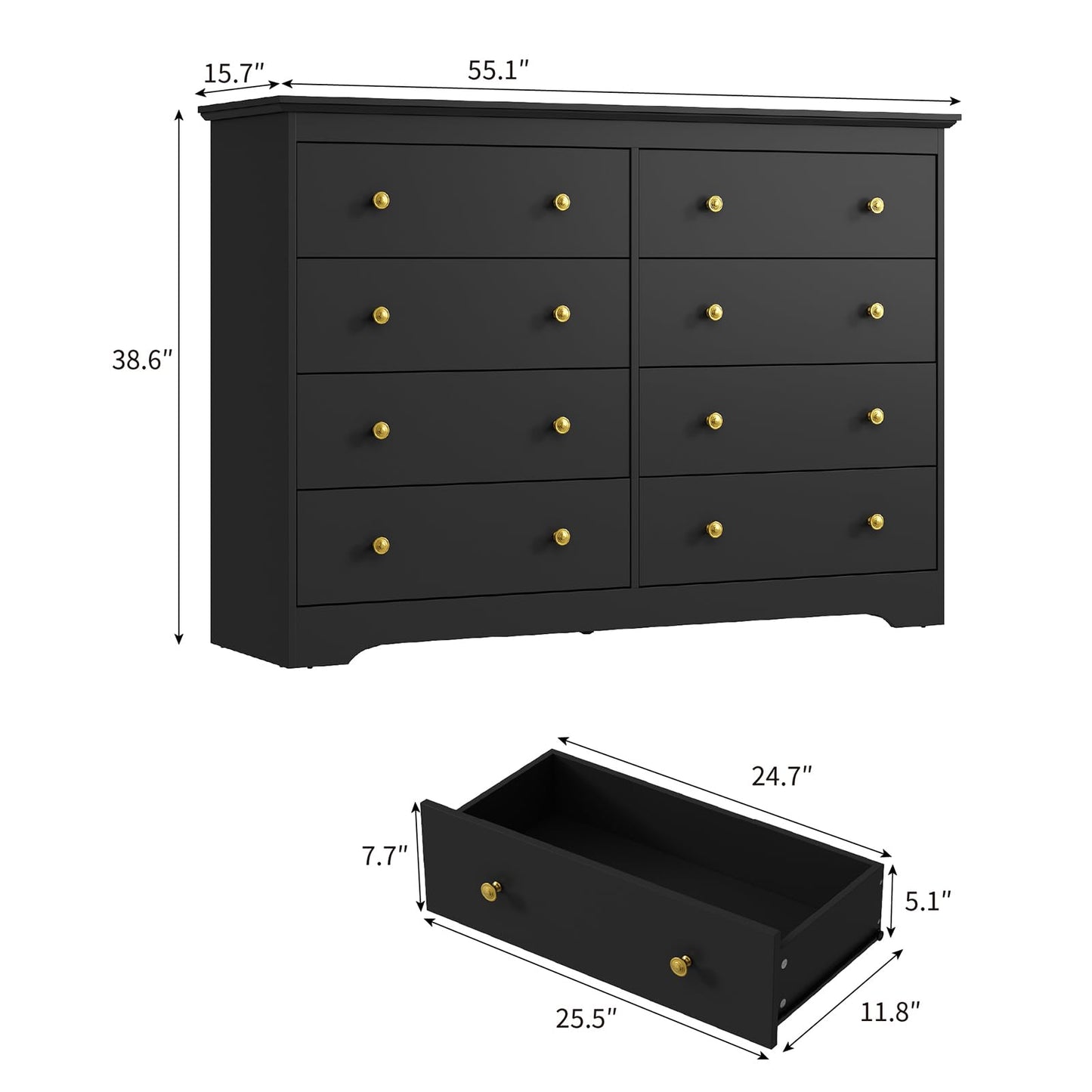 LYNSOM Modern 8 Drawer Dresser, 55.1" Wide Dressers & Chests of Drawers with Large Capacity Storage, Mid Century Black Dresser for Bedroom, Hallway, Black