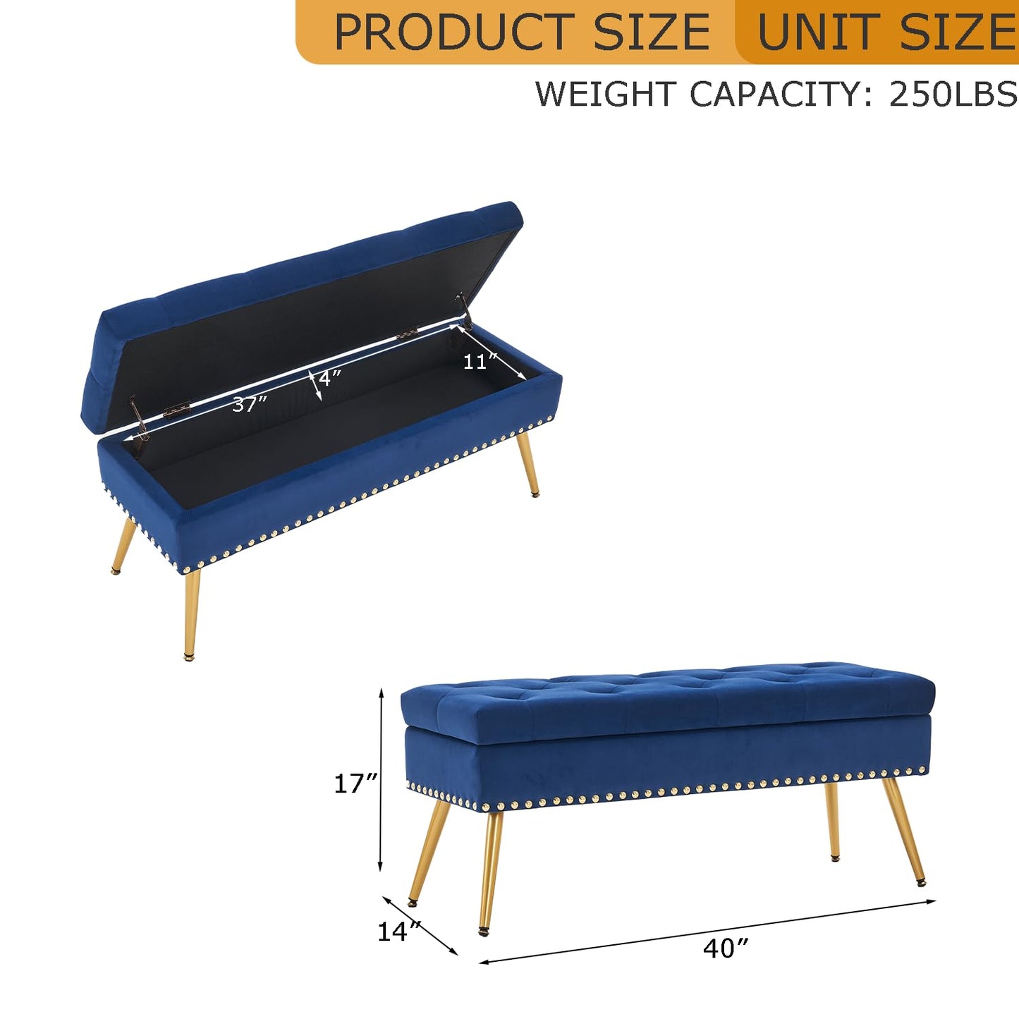 AIITTCC Velvet Storage Bench with Gold Legs& Nailhead Trim, 40" Wide Upholstered Modern Bedroom Bench for End of Bed, Tufted Ottoman for Entryway Living Room Dining Room (Navy Blue, 40" Wide)