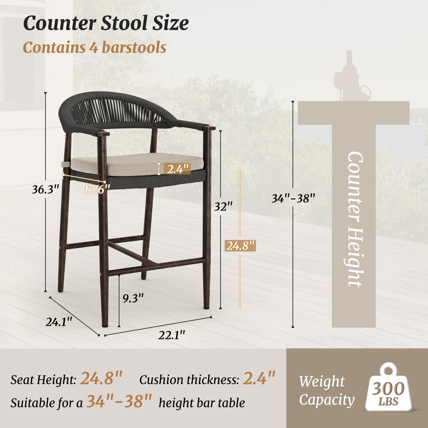 Cozyman Bar Stools Set of 4, 24.8'' Aluminum Outdoor Bar Stool with Removable Cushion, Boho Rattan BarStools, Olefin Rope Woven Bar Chairs with Footrest for Patio, Garden, Pool, Kitchen, Black