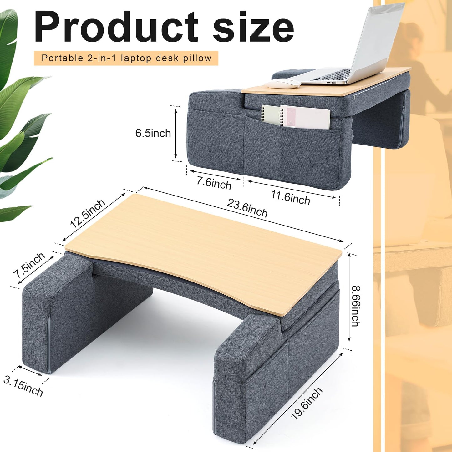 Cinnvoice 2-in-1 Lap Desk for Laptop with Cushion Lap Laptop Desk Pillow with Armrests Detachable Design, Reading Pillow with Sturdy Wooden Surface, Working in Couch Bed for Adults Book Lovers