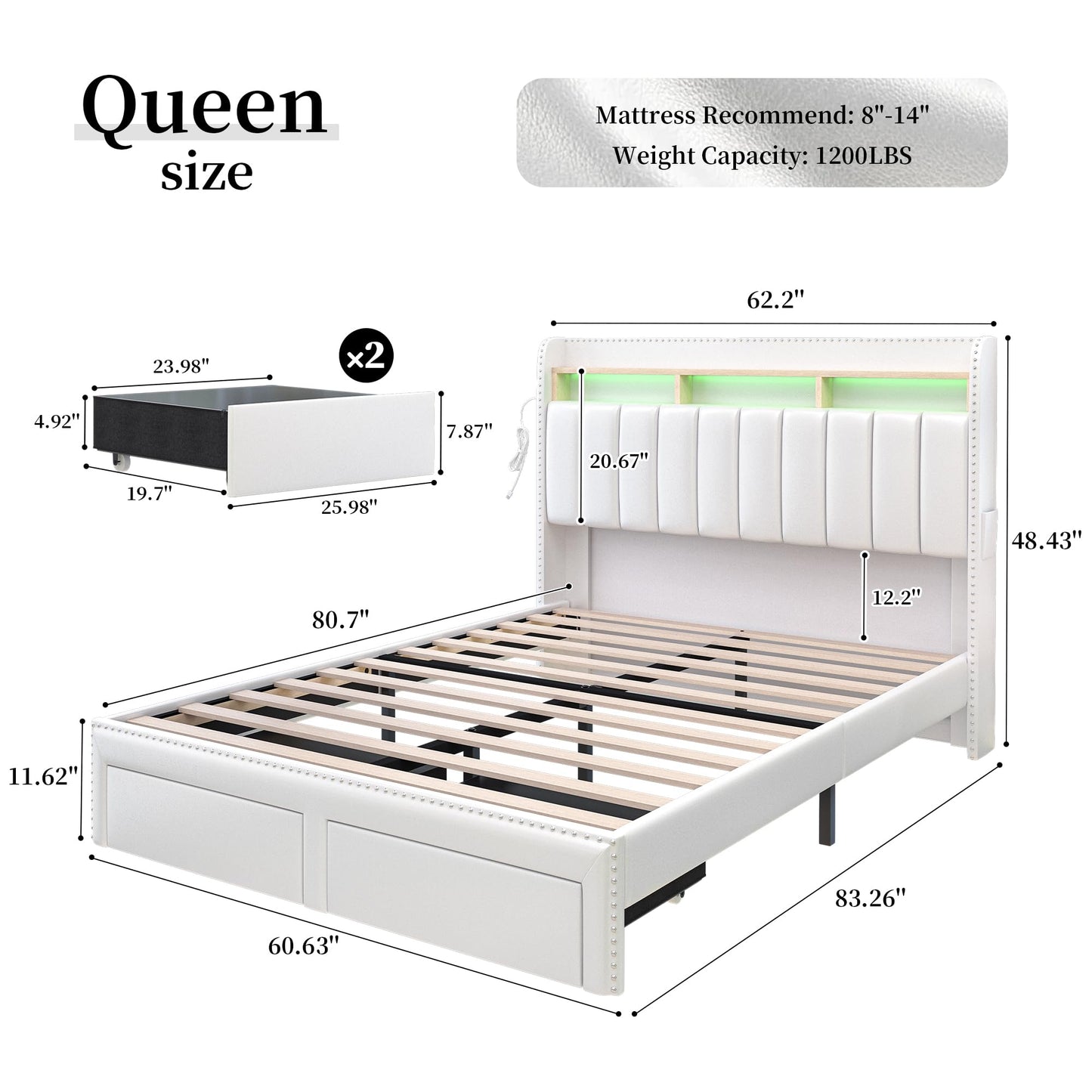 SIBEDS Queen LED Bed Frame with 2 Drawers, Modern Platform Beds with 2 Tier PU Leather Upholstered Storage Wingback Headboard, Channel Tufted Bedframe with Rivet Decor, No Box Spring Needed, White