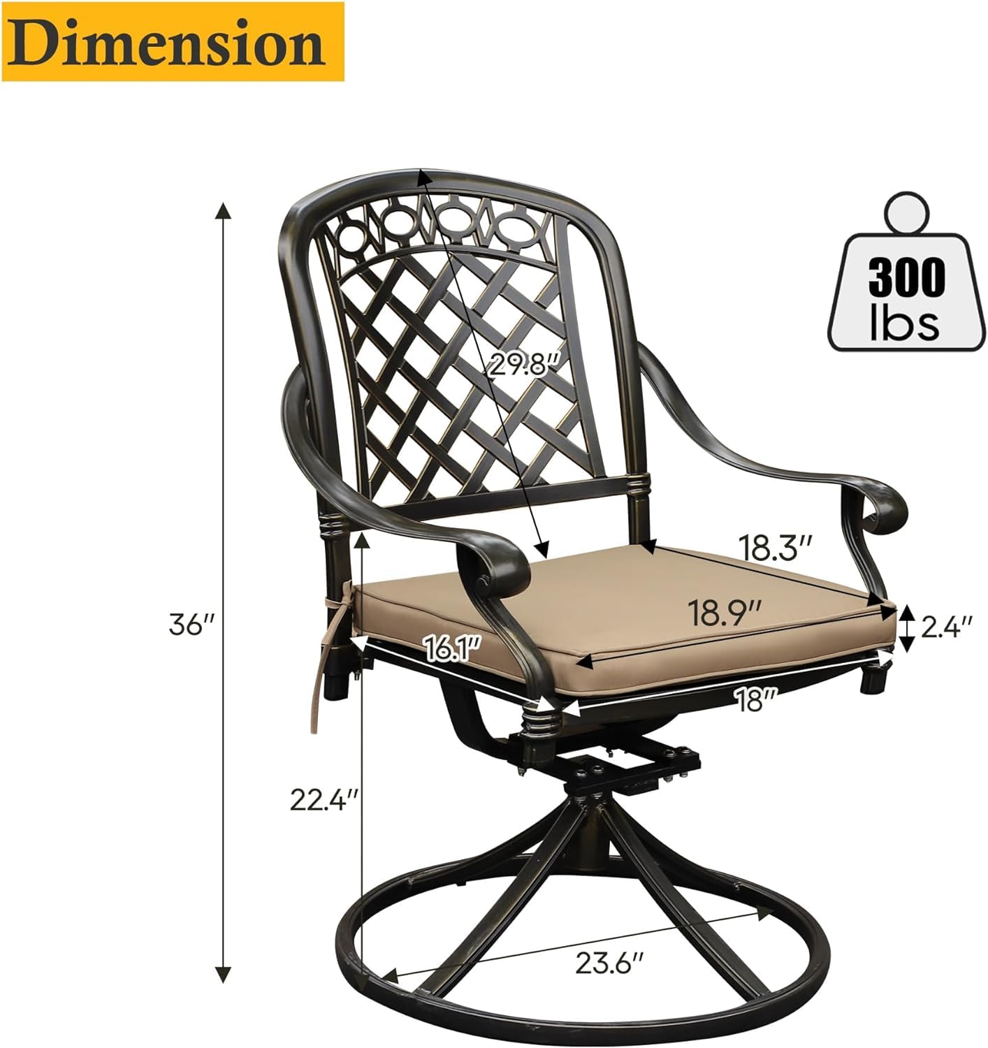 Sumshadow 2 Piece Cast Aluminum Outdoor Swivel Dining Chairs, All-Weather Patio Swivel Rocker Chair Sets with Cushion for Garden, Backyard, Poolside, Bistro (Khaki, 2 Pieces)