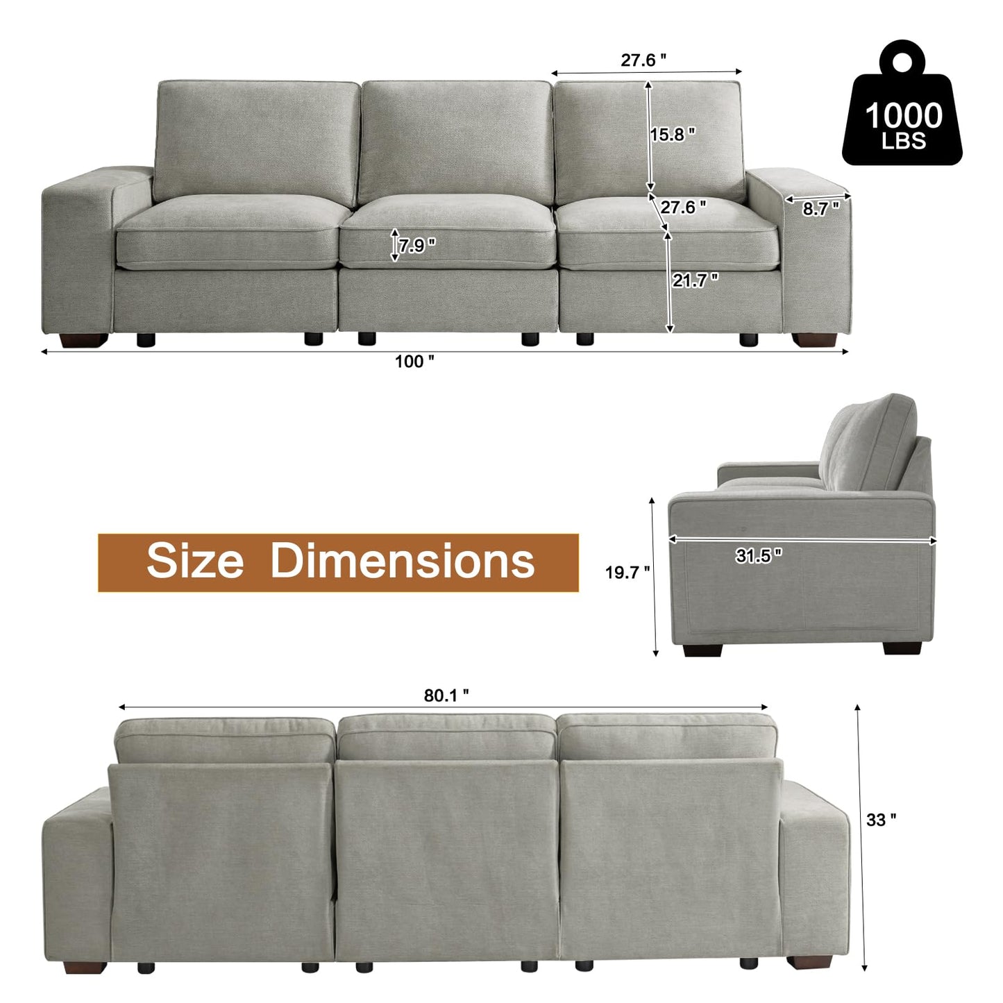 KIMOLST 100in Modular Couch for Living Room, Deep Seat Fabric Sofa with Storage, Removable Cover, 3-Seater, Grey