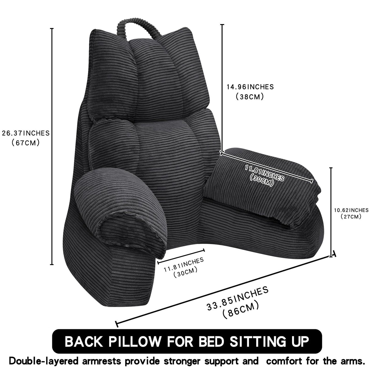 RRPAHWTV Reading Pillow for Bed with High Arm Rests ,Back Support Pillow for Sitting Up in Bed with Shredded Memory Foam for Reading, TV, Gaming or Relaxing on Floor(Grey Black, Large)