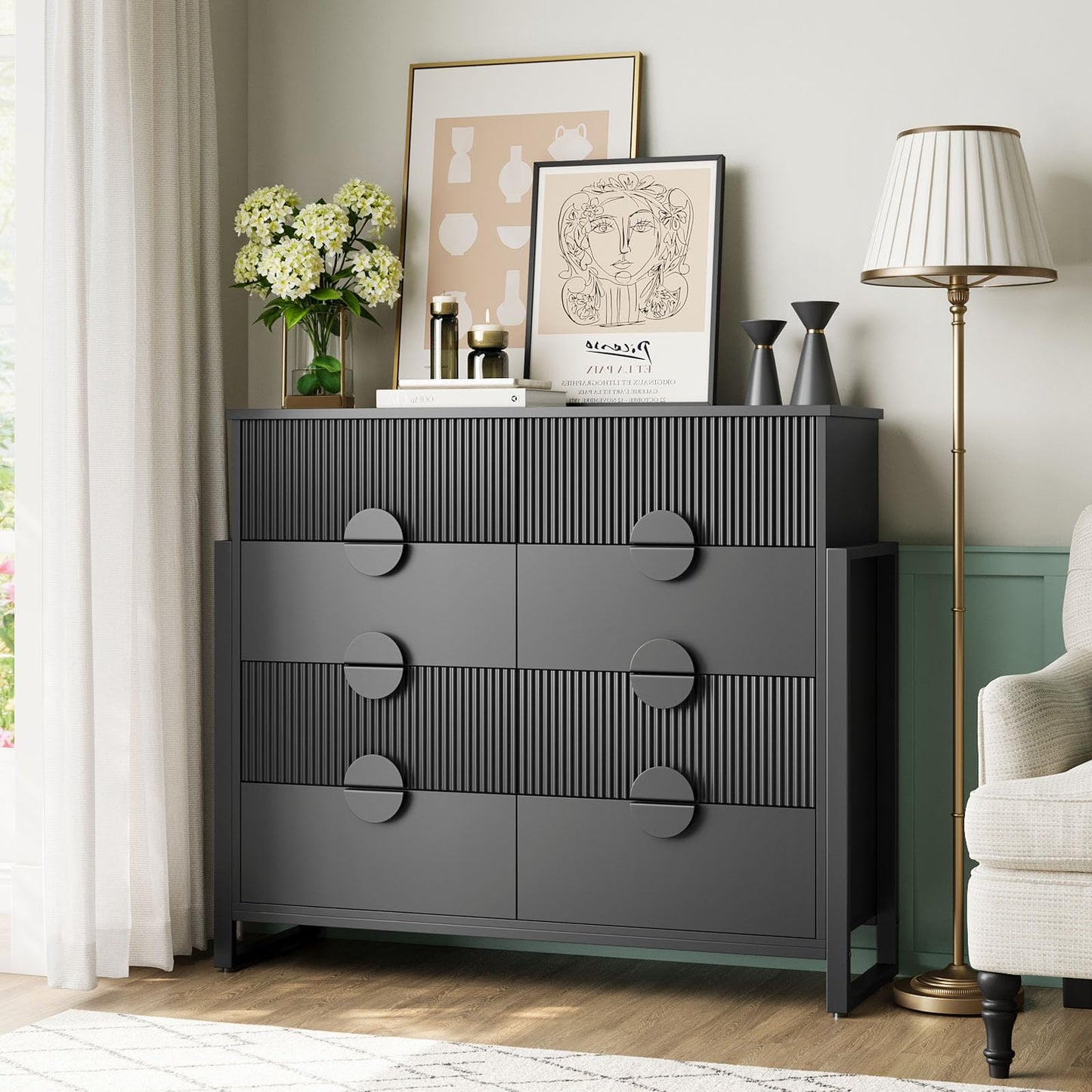 LGHM Fluted Black Dresser for Bedroom, Modern 50" Wide Chest of Drawers, 8 Deep Drawers 42.8" Tall Dresser with Raised H Legs -Curved Profile Design, Easy Round Handles for Bedroom,Livingroom, Black