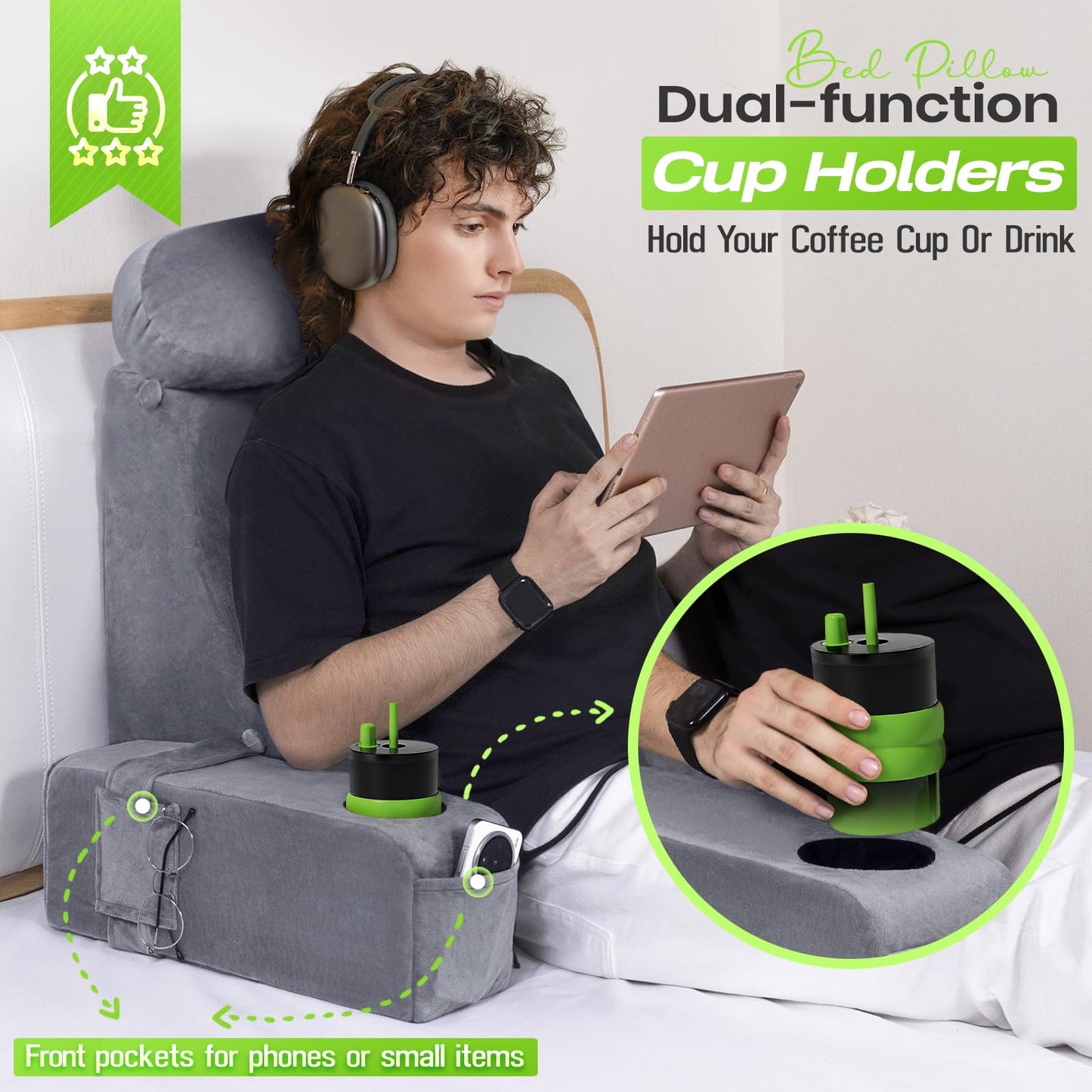 AS AWESLING Reading Pillow for Adults, Back Pillow for Bed Sitting Up, Backrest Pillow for Sitting in Bed, Detachable Arms with Built-in Cup & Phone Caddy (Gray, 21 INCH)