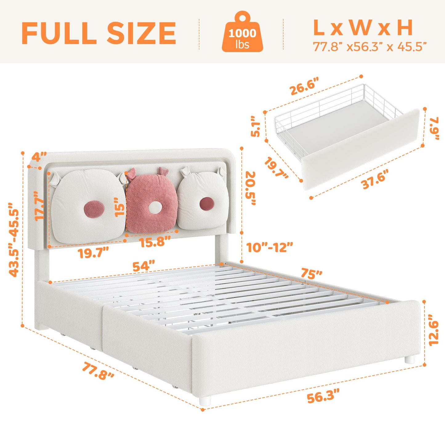 Full Boucle Upholstered LED Bed Frame with Storage Drawer and Adjustable Chic Double Arc Headboard, Princess Platform Cloud Bed with Backrest, Heavy Duty Metal Support, No Box Spring Needed, White