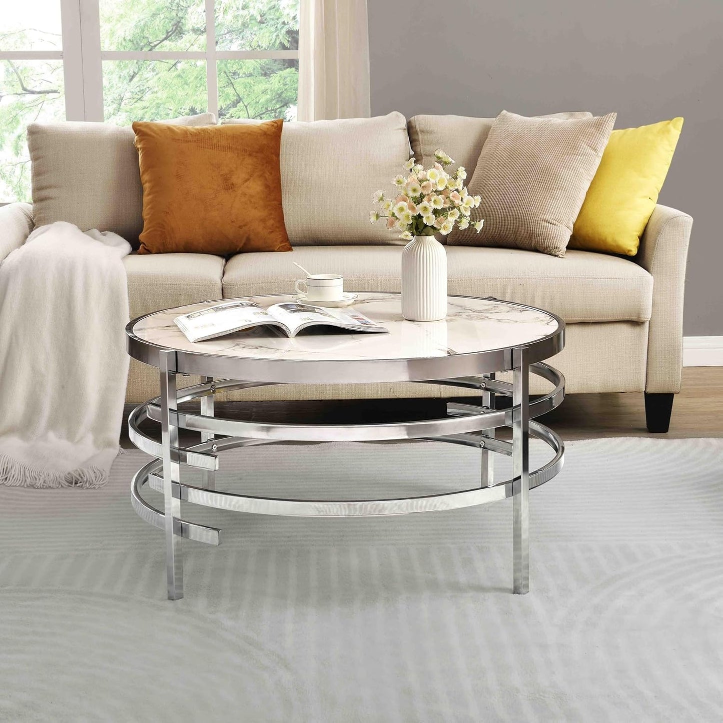 KUVADAZ Sintered Stone Coffee Table with Silver Chrome Metal Base, Round Coffee Table Modern Center Tables Circle Living Room Cocktail Tables for Home Office, White