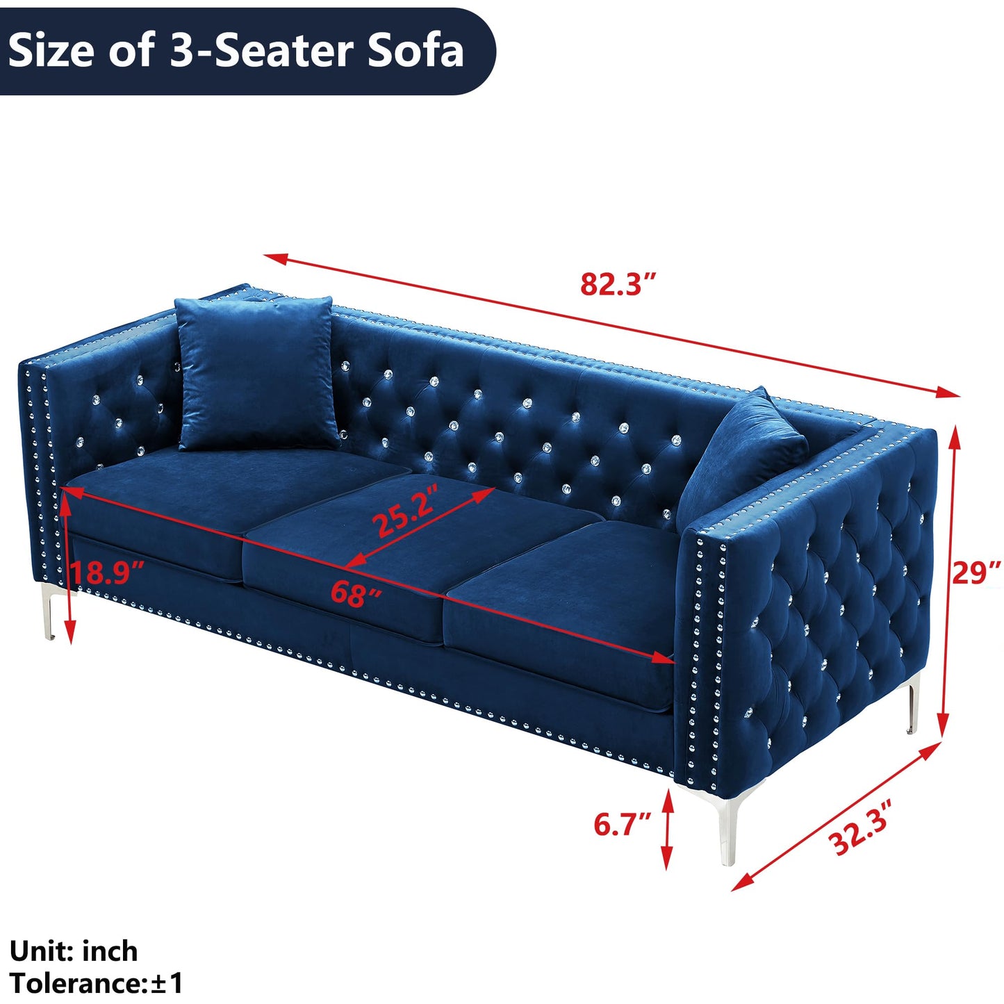 Fulocseny Luxury Velvet Sofa for Living Room 82", Jeweled Buttons Tufted Square Arm Couch, Modern Upholstered Couch Classic Chesterfield Sofa with 2 Pillows & Metal Legs (Blue, 3-Seater)