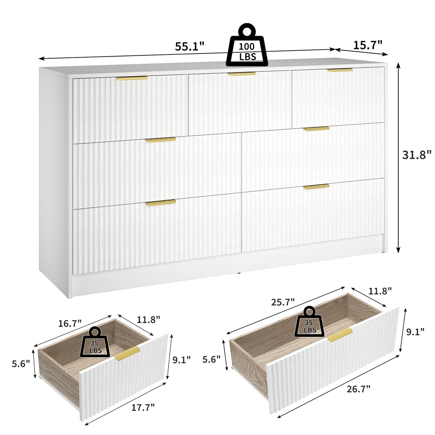 NOVAMAISON White Dresser with 7 Drawer - 55” Wide Fluted Dresser for Bedroom with Metal Handle, Modern Chest of Drawer for Bedroom, Closet, Living Room, White