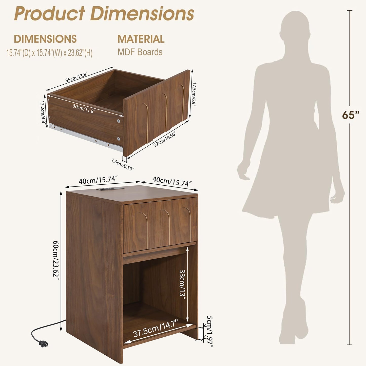 Limaoaio Nightstands Set of 2, 15.74'' Wide Night Stand with Drawer and Open Storage, Mid-Century Modern Wooden Bed Side Table End Table with Charging Station for Bedroom, Living Room (Walnut, 2Pcs)