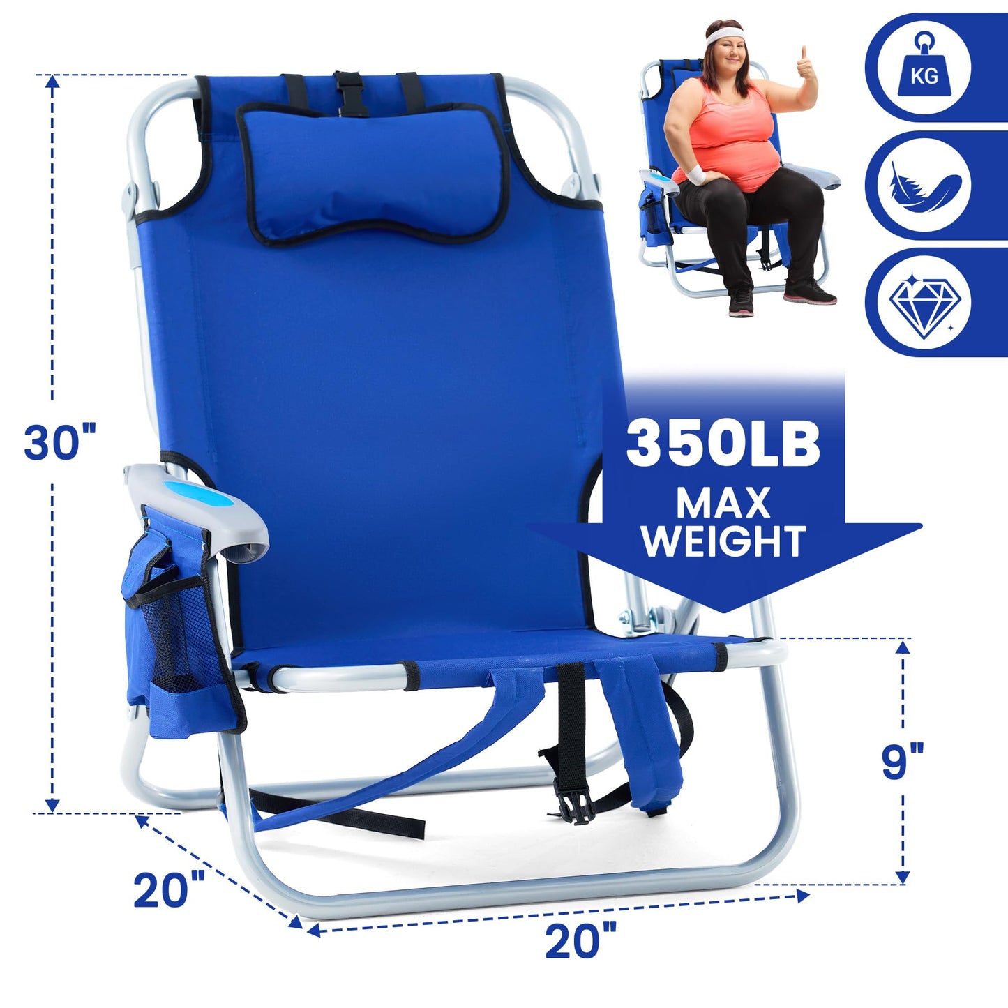 Geisoun Beach Chair with 5 Adjustable Positions, Lightweight Foldable Camping Chair with Pillow, Reclining Chair for 350 LBS Adult, with Shoulder Straps, Storage Bag, Cup Holder, Towel Bar