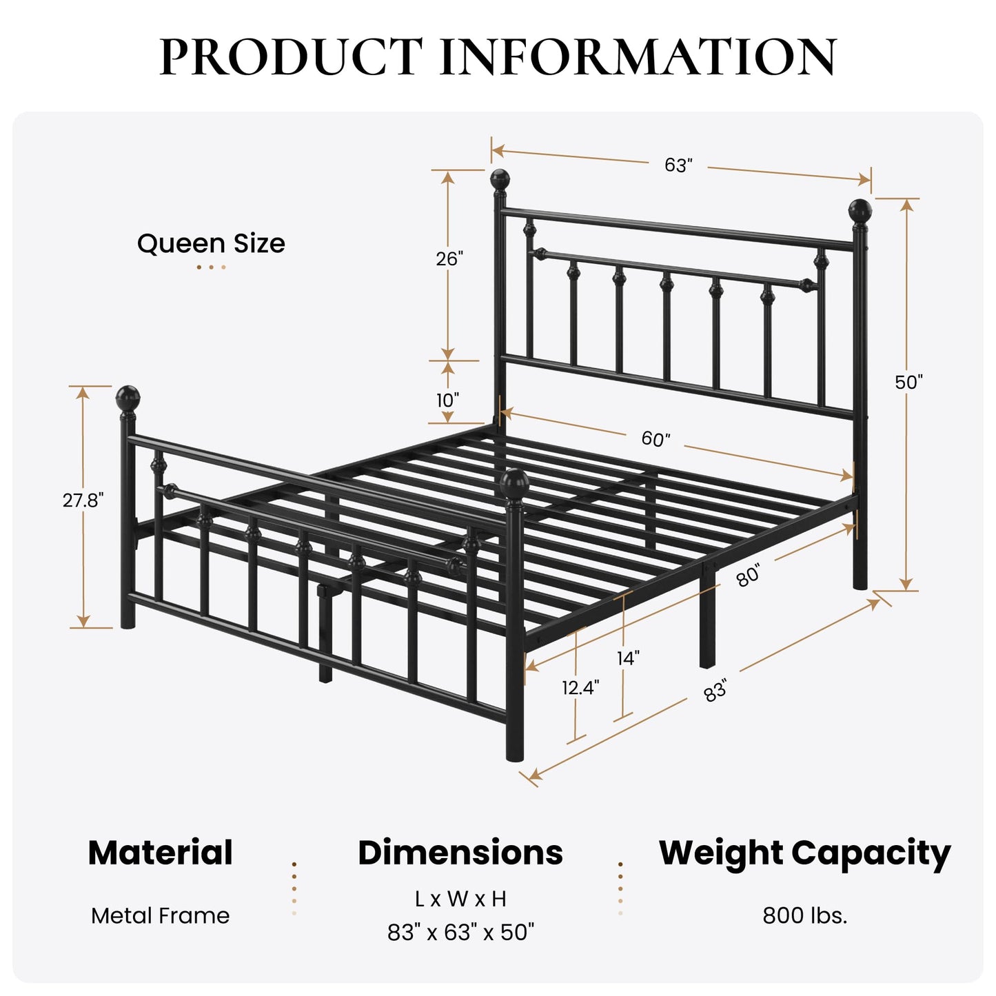 SHA CERLIN 14'' Queen Size Metal Platform Bed Frame/Victorian Headboard and Footboard/Steel Slats Mattress Foundation for Storage/No Box Spring Needed/Noise Free/Black