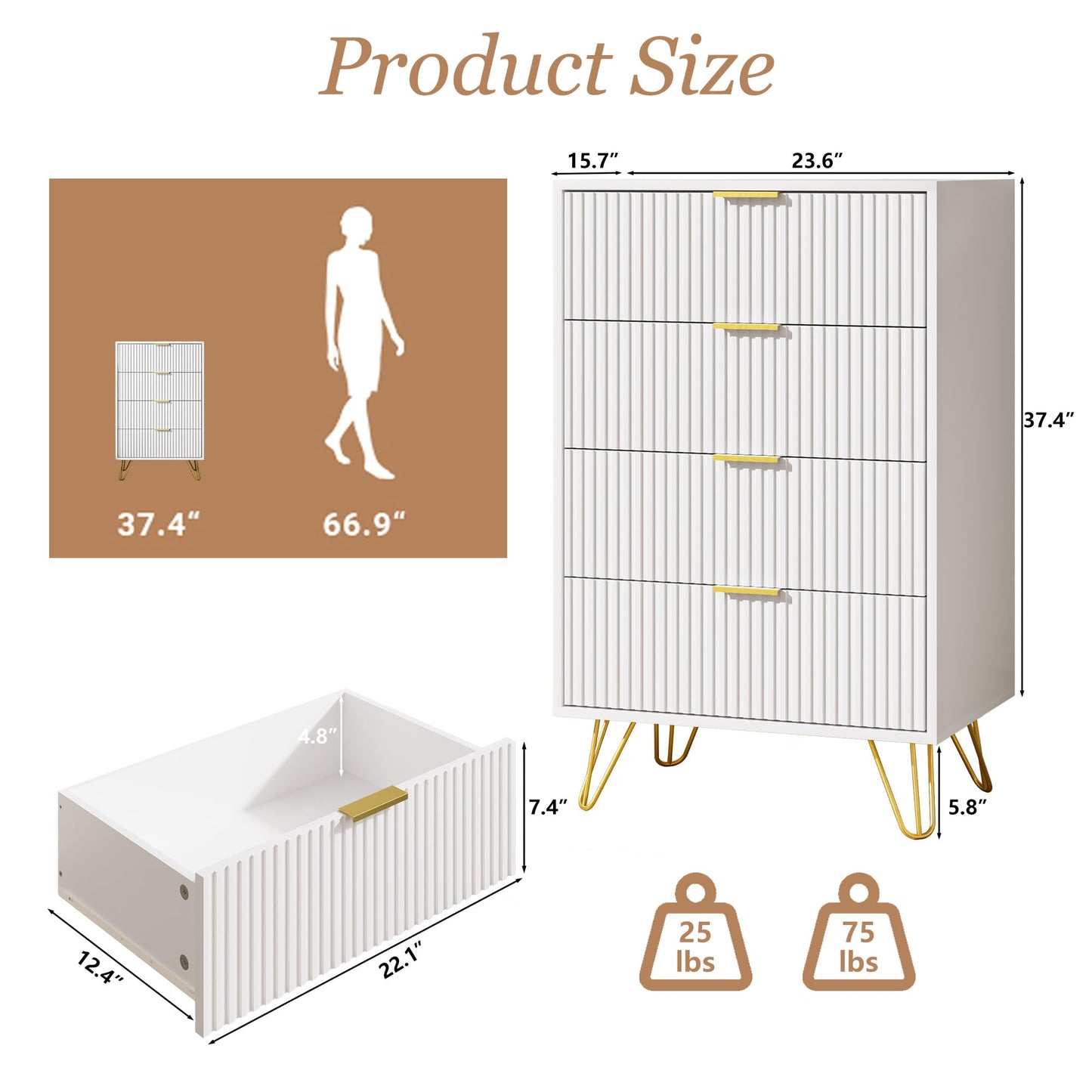 MAISONARIA White Dresser for Bedroom, Modern Dresser with Gold Metal Handles & Chests of Drawers