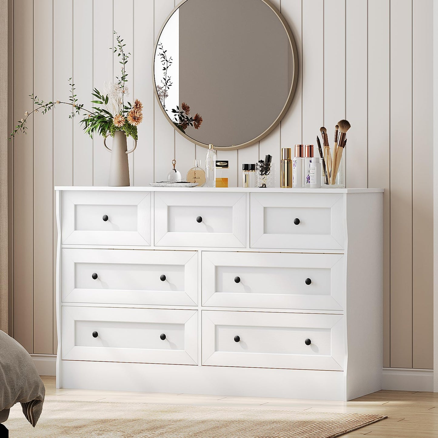 HOOBRO White Dresser for Bedroom, Farmhouse 7 Drawers Dresser, Chest of Drawers with Storage, Minimalist Style, Dressers Organizer for Bedroom, Living Room, Hallway, Entryway, White