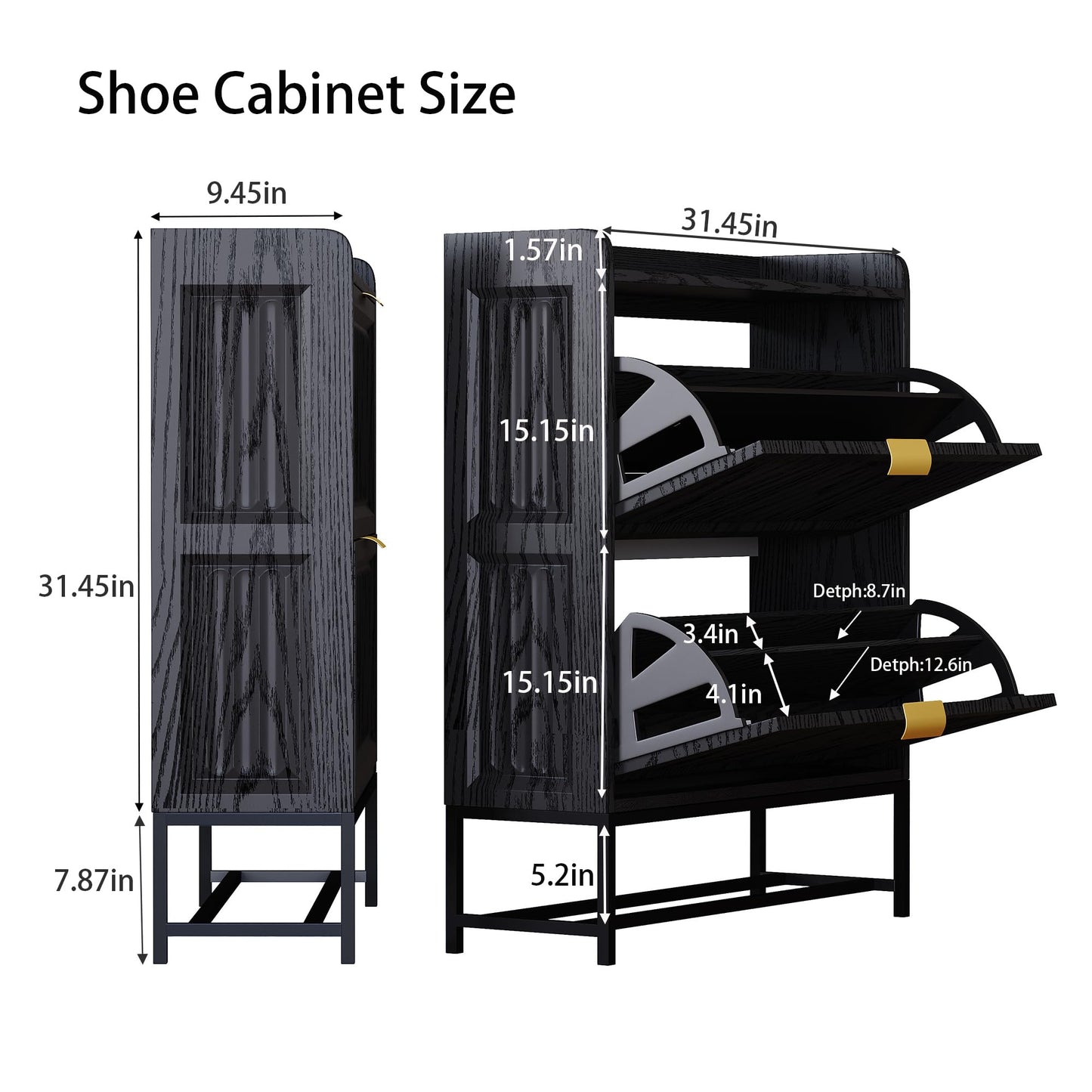 Kogven Shoe Storage Cabinet, Entryway Shoe Rack Cabinet with 2 Flip Drawers Metal Leg,Narrow/Slim/Wide Shoe Organizer Locker, 3-Sided Geometric Wavy Fluted Panel (Vintage Black, 31.5*9.5*40.0 Inch)