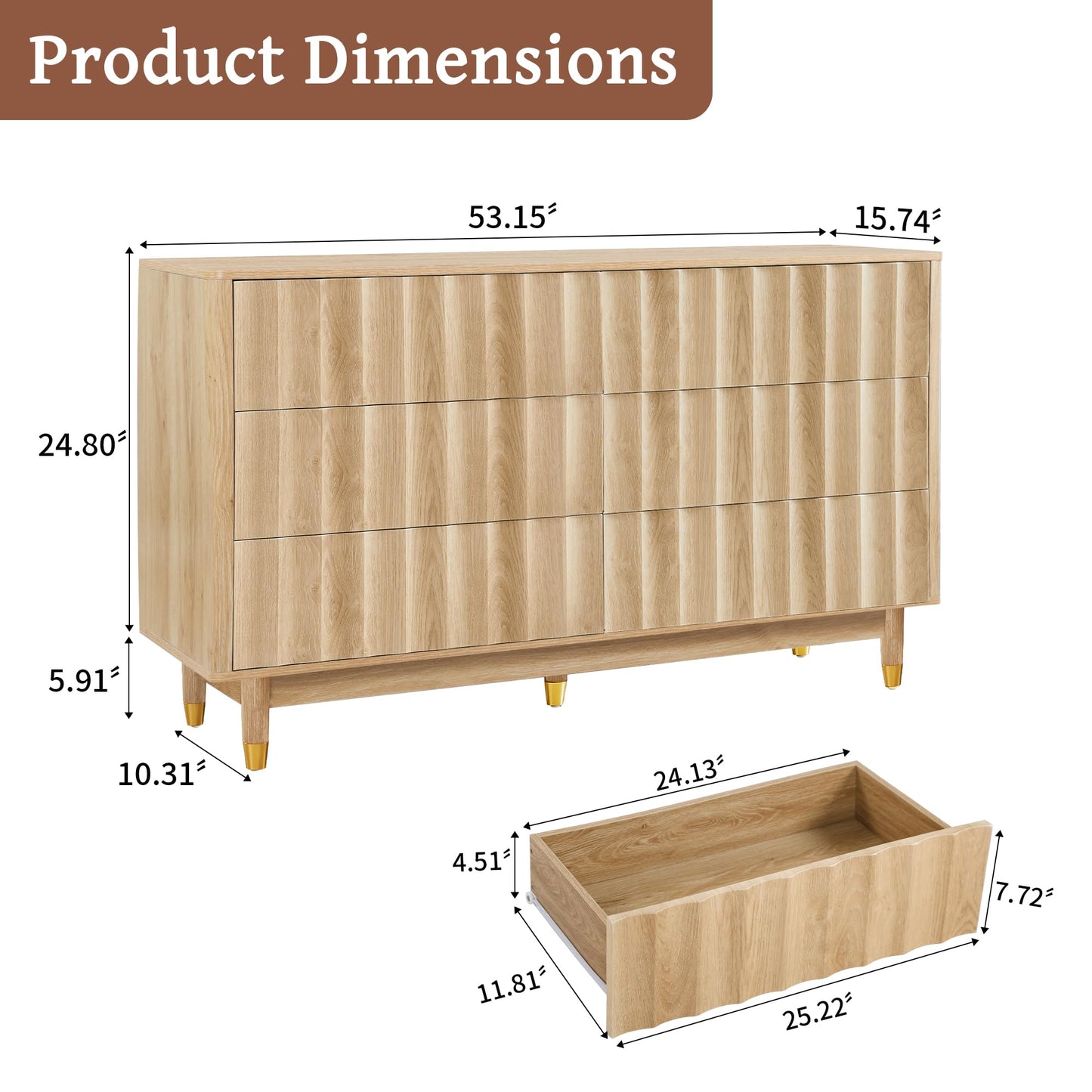 Caspellaire Fluted 6 Drawer Dresser, 53" Wide Modern Chest of Drawer, Dresser TV Stand,Wood Drawer Organizer for Bedroom, Living Room, Hallway