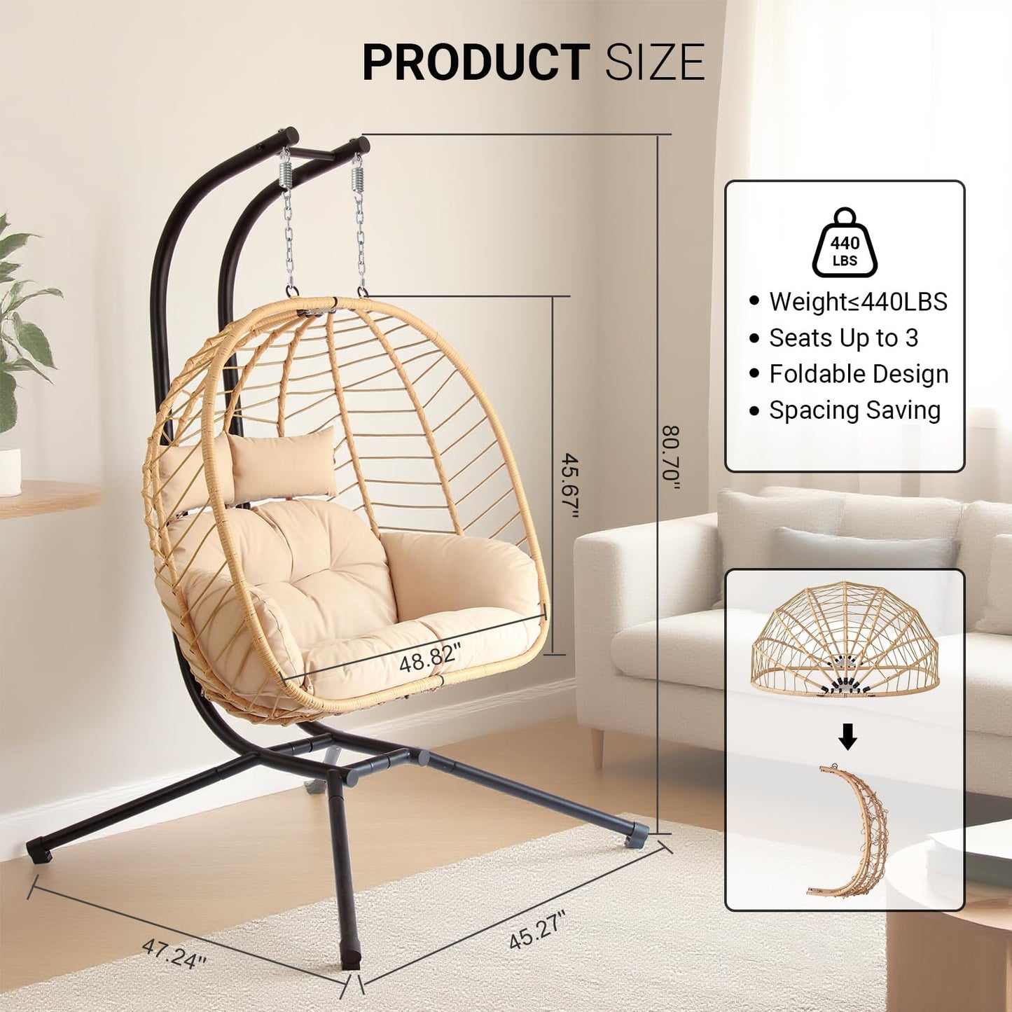 Double Egg Chair with Stand, Patio Wicker Hanging Swing Egg Chair Thickened, Galvanized Pipe Steel Frame and UV Resistant Cushion for Bedroom Garden Indoor Outdoor, 440LBS Capacity (Natural Beige)