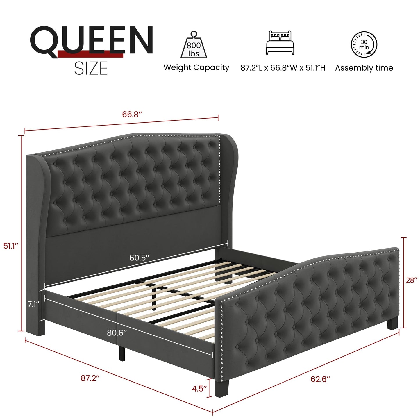 BRELTAM Upholstered Queen Size Bed Frame Velvet Tufted Platform Bed Frame with Wingback Headboard & Footboard, with Deep Button Tufted & Nailhead Wooden Slats Support, No Box Spring Needed,Grey