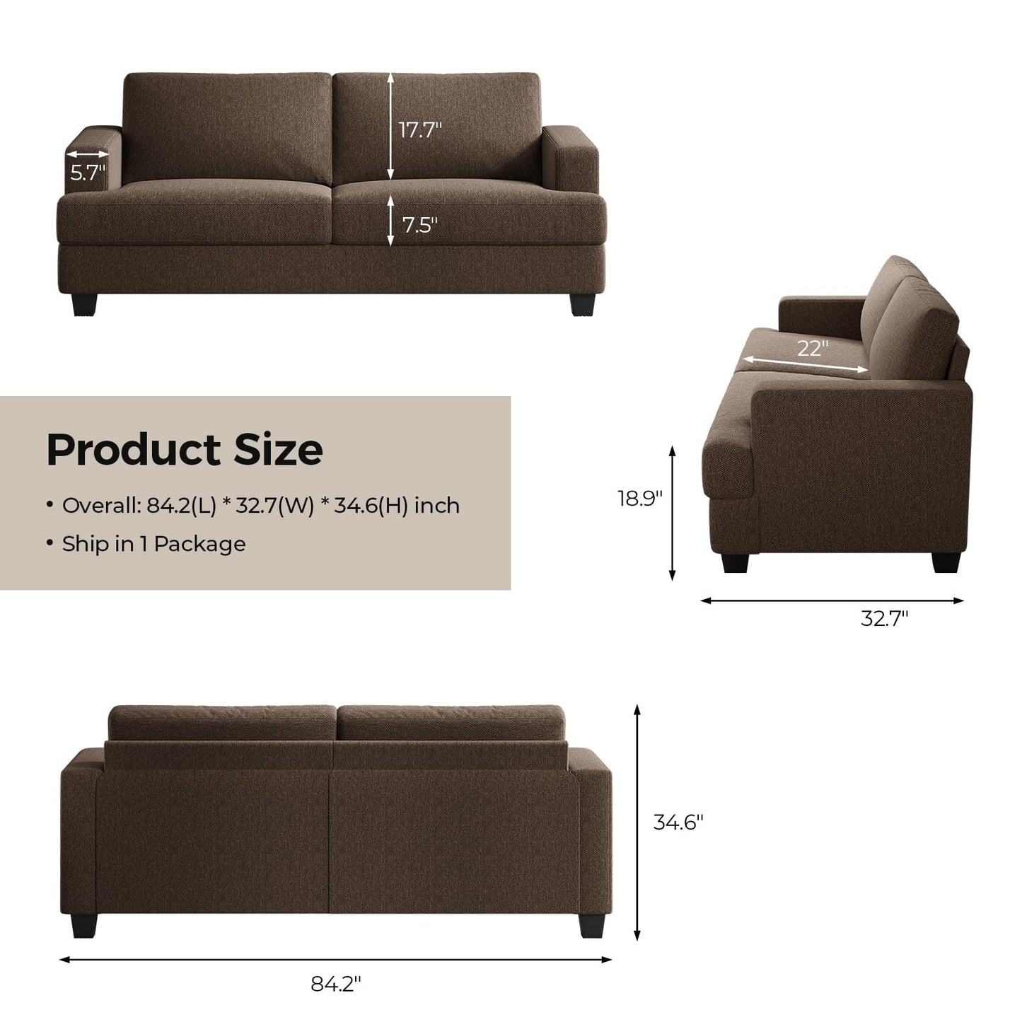 COPIAE 84 Inch Sofa with Extra Deep Seats Oversize, Linen Fabric 2 Seater Sofa for Living Room,Modern Couch and Loveseat, Comfy Armrests and Seats and Backrests, Easy Installation, Brown