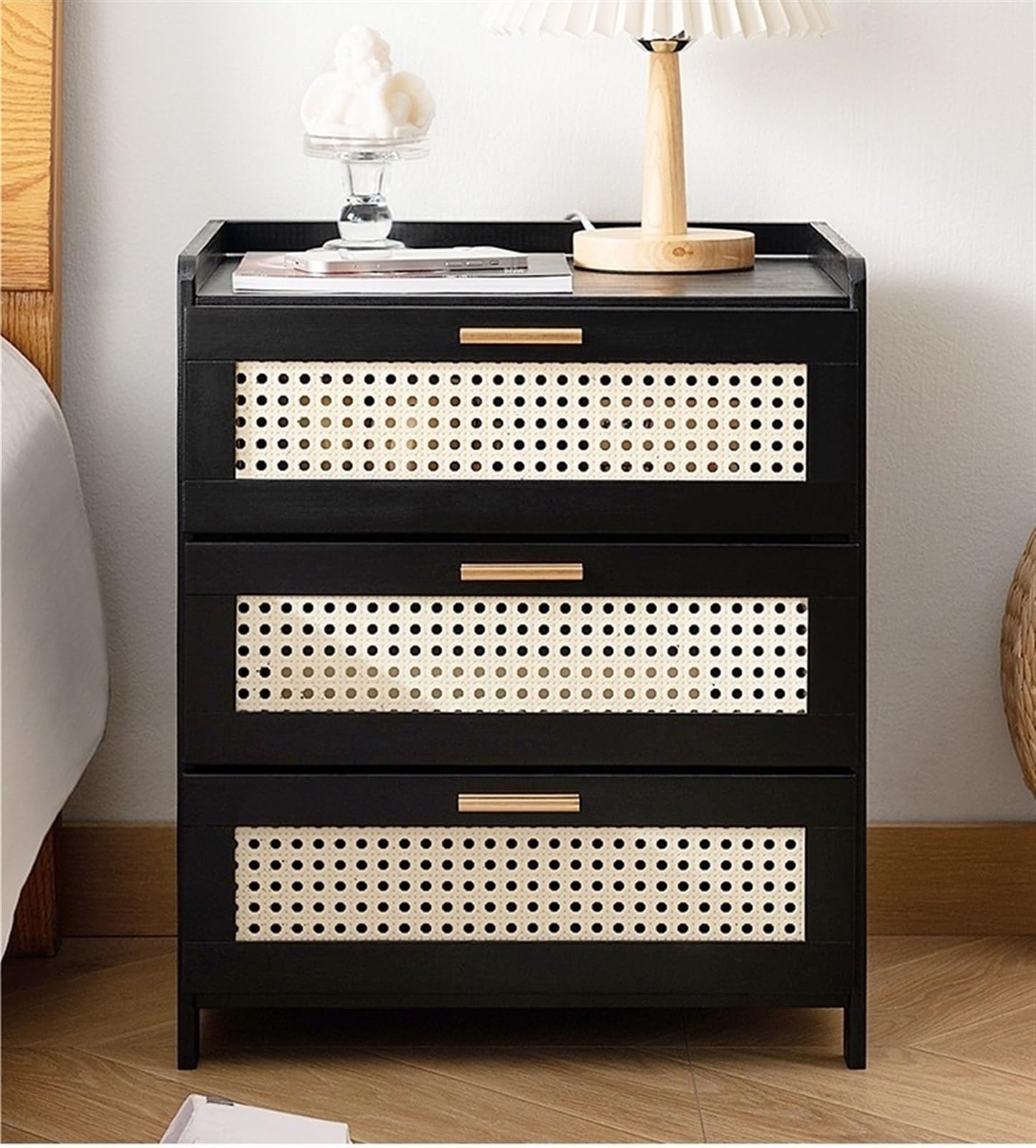 Boho Nightstand, End Table for Bedroom,Rattan Nightstand End Table,3Drawers Storage Ideal for Living Room and Small Space (Brown) ,Ideal Choice for Room(Brown)