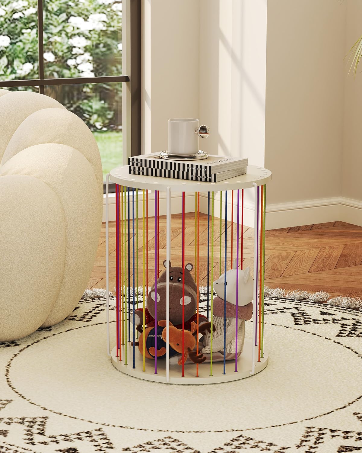 KJGKK Round Side Table, Circle End Table with Elastic Rope and Wire Frame, Modern Nightstand, for Living Room, Bedroom, Color & White