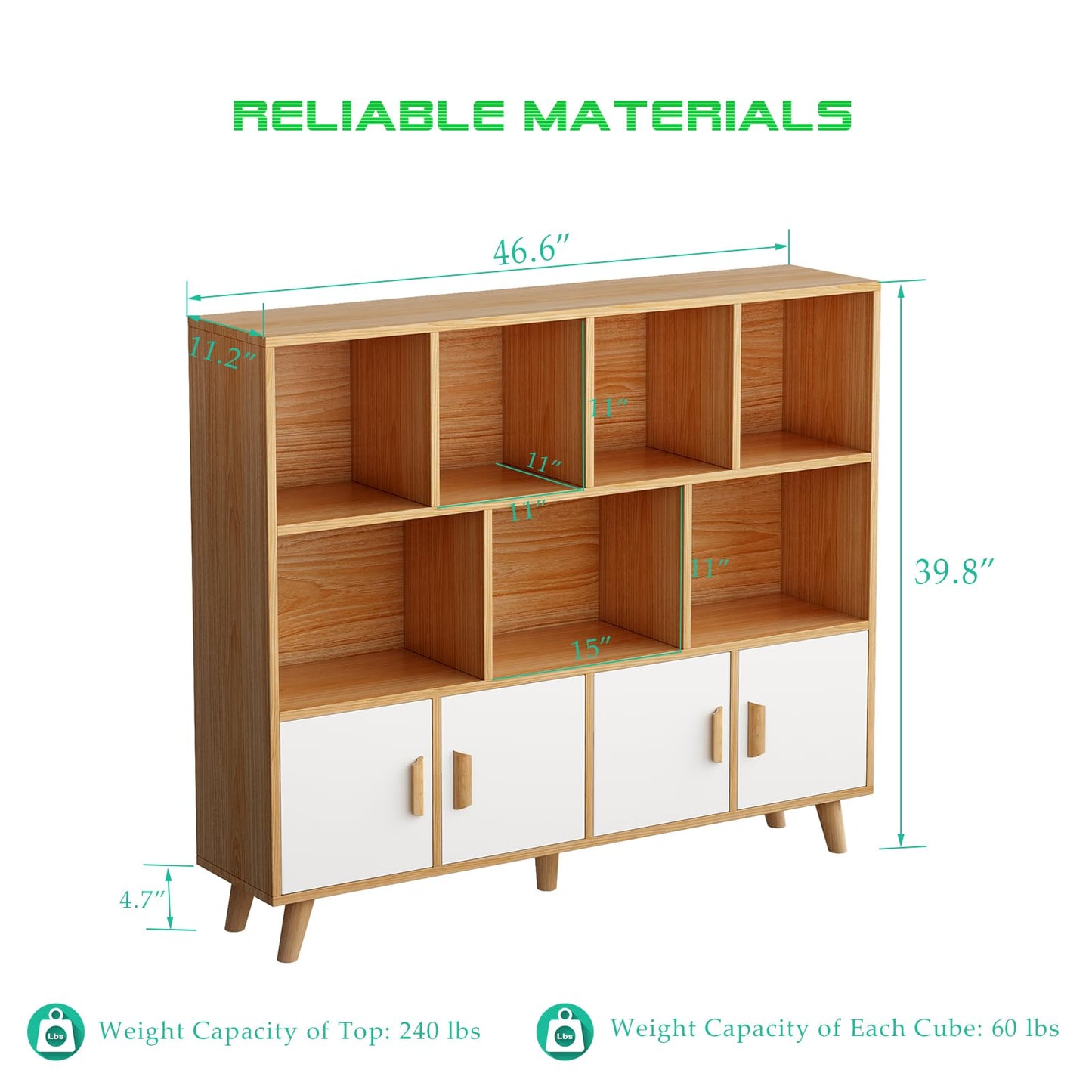 OSCHF Cubby Shelf Bookcase with Doors - Wooden 11 Cube Floor Standing Open Bookshelf with Solid Wood Legs, 3-Tier Storage Cabinet, Oak and Warm White