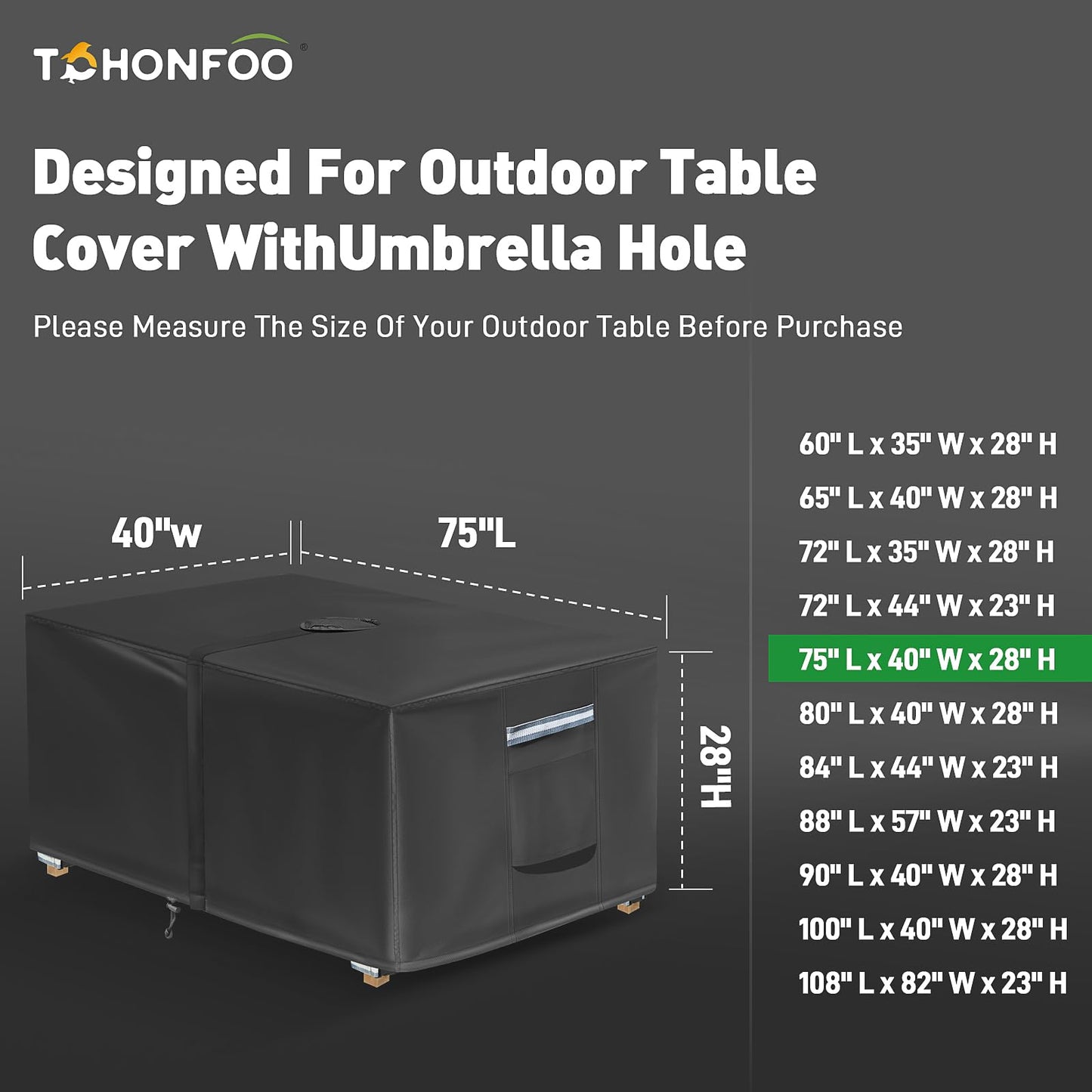 Rectangle Patio Table Cover with Umbrella Hole - 75" L x 40" W x 28" H (Cover Size,NOT Table Size) Heavy Duty Waterproof 600D Oxford Fabric Outdoor Lawn Patio Furniture Covers