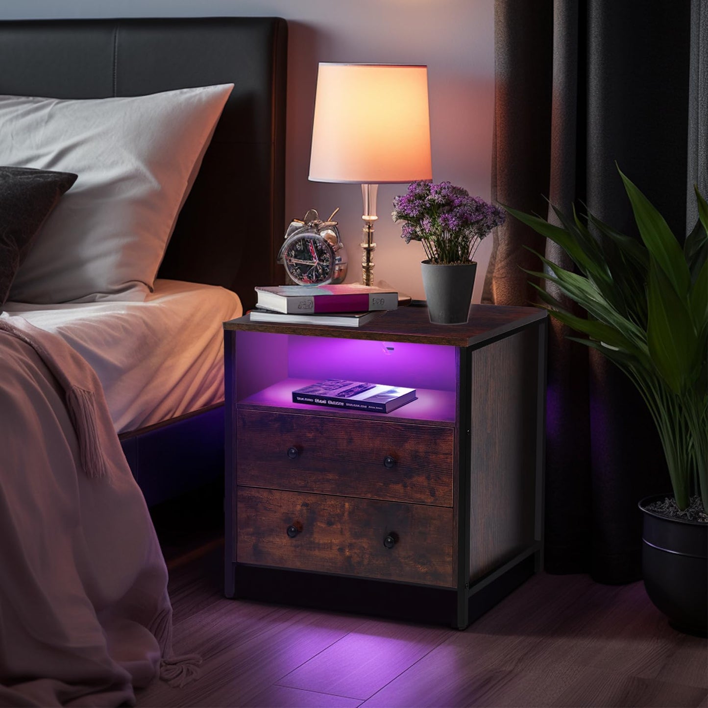 Tykacna 27 Inch Wide Night Stand, Large Wood Night Stand with 2 Drawers, LED Nightstand with Charging Station and Adjustable Drawer, Bedside Table for Living Room/Bedroom/Study/Office, Retro.