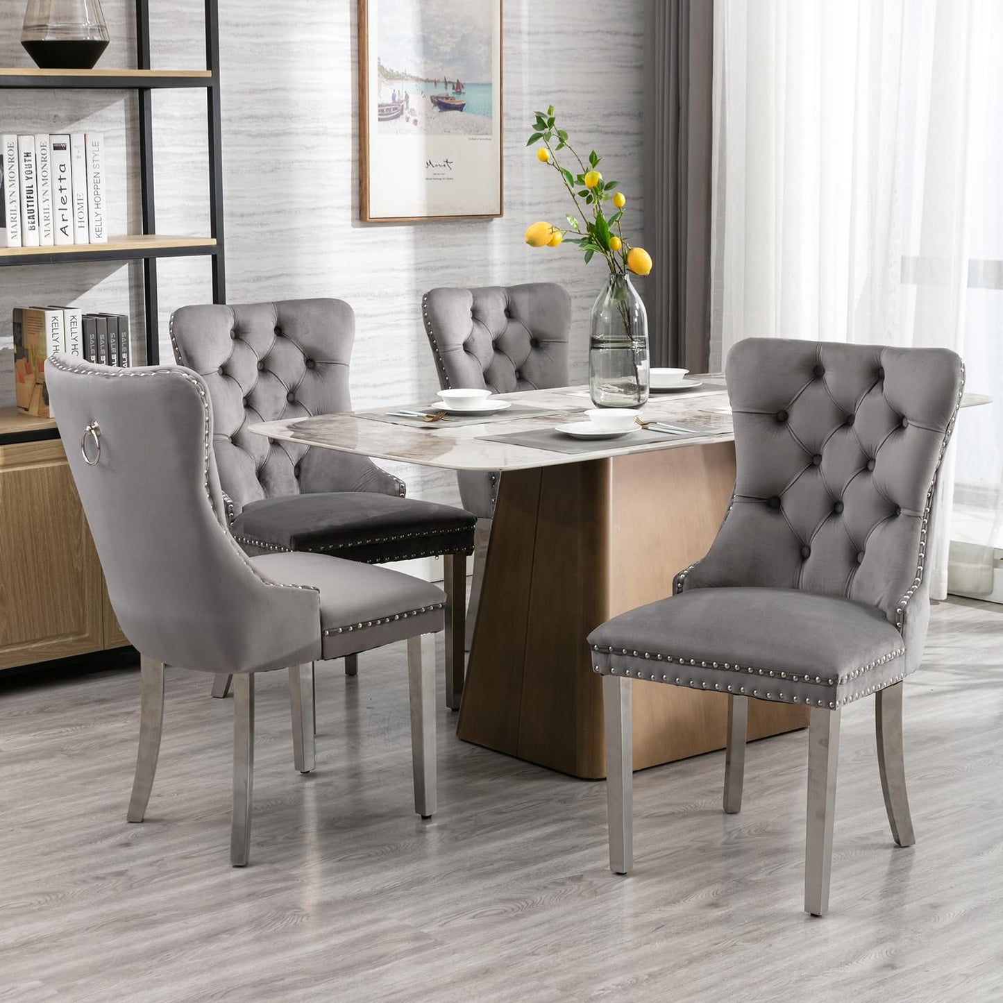 ODUSE-DAILY Gray Velvet Dining Chairs Set of 4 for Kitchen & Dining Room, High Tufted Back Dinning Chairs, Sillas de Comedor, Fabric Upholstered, Brushed Chrome Metal Legs, Grey