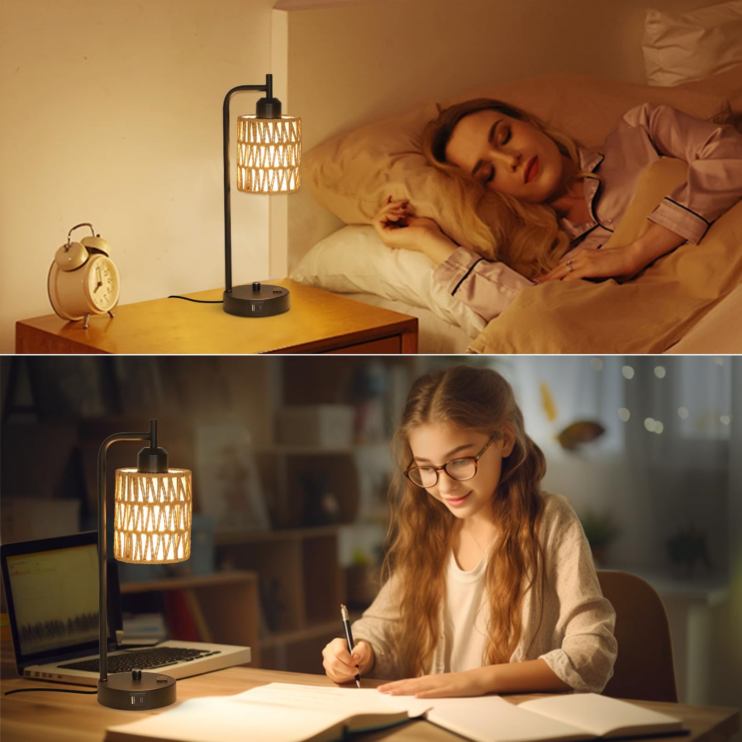 Stepeak Rattan Table Lamps for Living Room Set of 2, Boho Bedside Lamps with LED Bulbs, USB Charging Ports and Outlet, Farmhouse Nightstand Lamp with Woven Shade, Black Desk Lamp for Bedroom Office