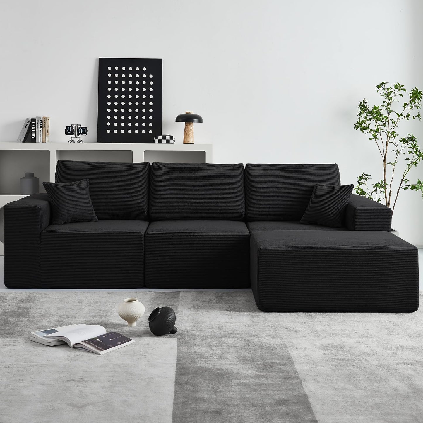 INGEROOM 108" Cloud Sectional Couch, Modular Sectional Sofa with L-Shaped Chaise, Modern Plush Corduroy Couch for Living Room Bedroom(Black)