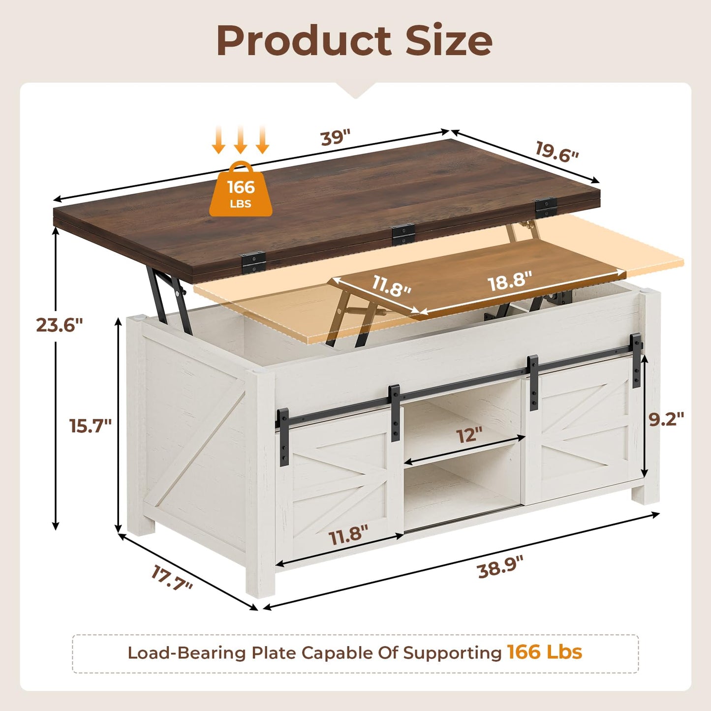 UPOSOJA Lift Top Coffee Table for Living Room with 4 Sliding Barn Doors, 4 in 1 Farmhouse Coffee Table with Adjustable Shelves and Hidden Storage Compartment, Converts to Dining Table (Brown White)