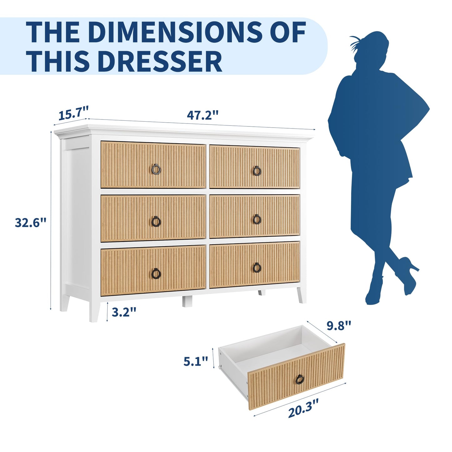 GAOMON 6 Drawer Dressers for Bedroom, Modern Long Dresser Chest with Large Drawer, Waveform Fluted Panel Design, Wooden Chest of Dresser Storage Cabinet Organizer, Antique Profile, Anti-Tipping