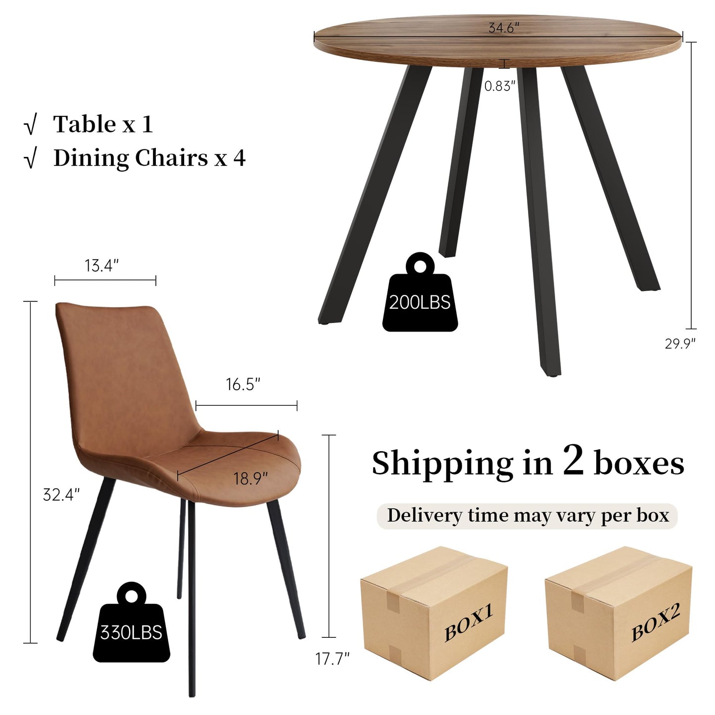 Zerifevni 34.6'' Round Dining Table and Chairs for 4 Space Saving for Apartment Kitchen Dining Room (Walnut Table+4 Brown Chairs)